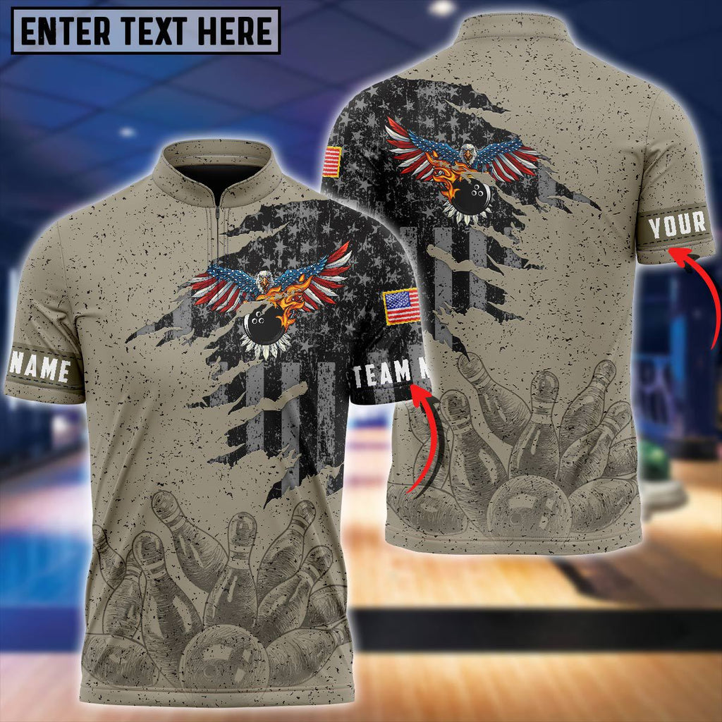 frenzideas Bowling Eagle Retro American Flag Pattern Customized Name, Team Name 3D Shirt