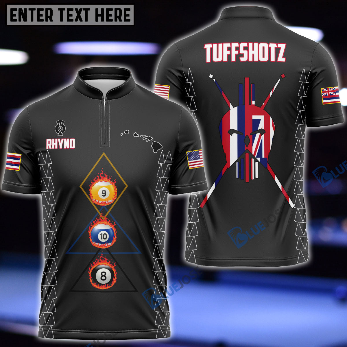 Frenzidea Version 2 Billiards Hawaii & USA Flag Personalized Black Shirt