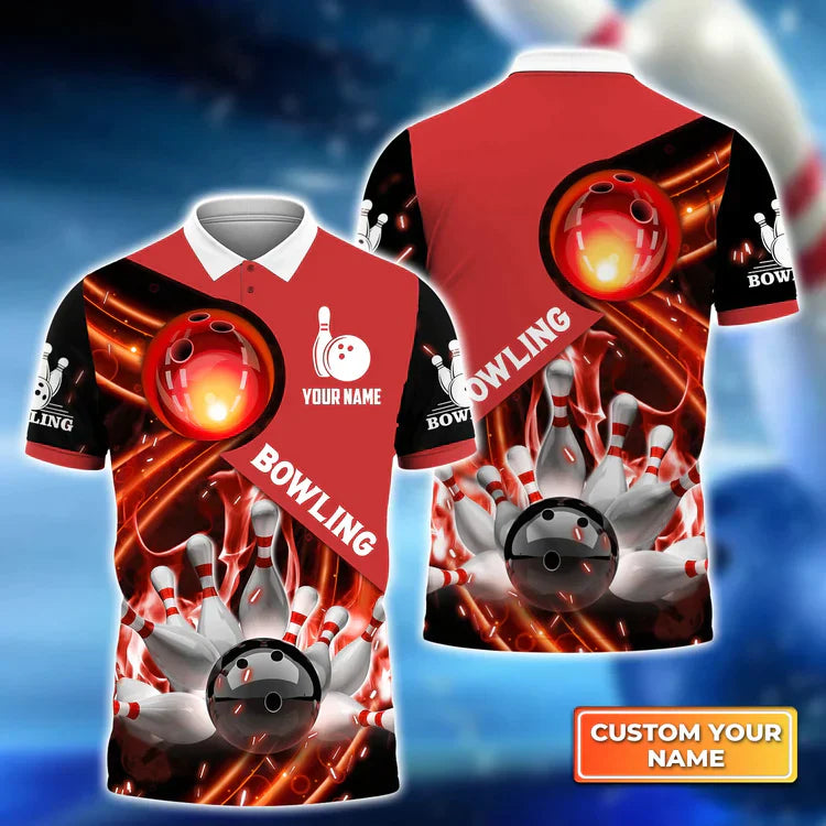 Frenzideas Red Bowling BallIn Fire Personalized Name 3D Shirt