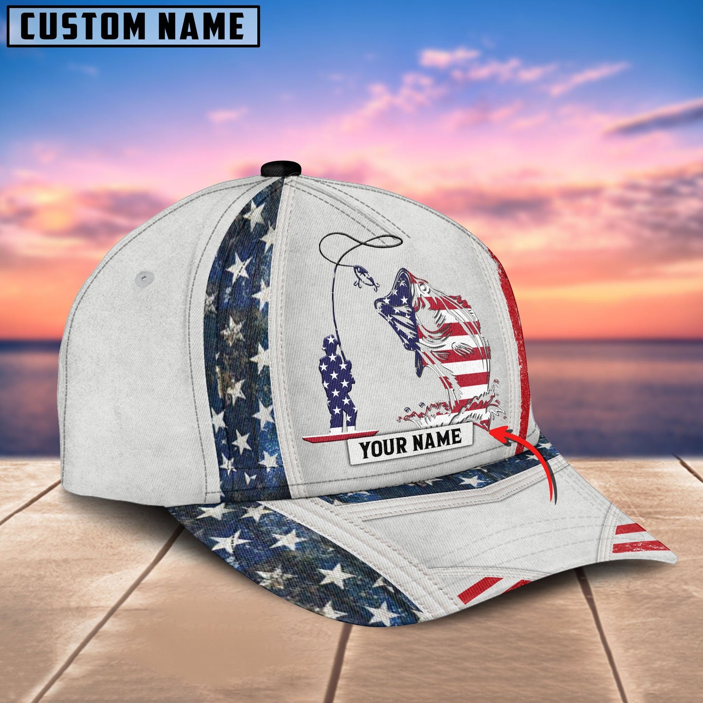 Frenzidea Personalized Fish White USA Flag Cap