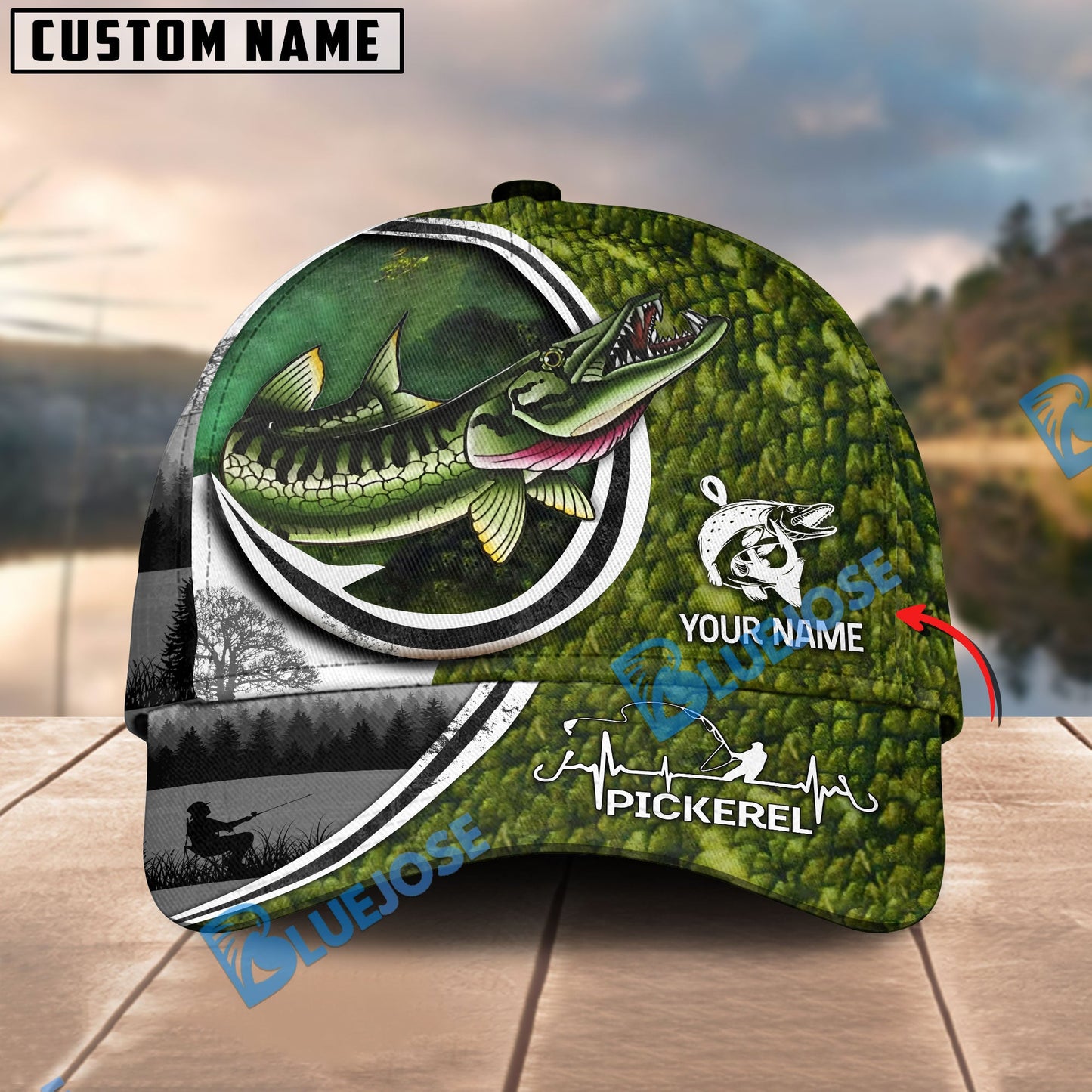 Frenzidea Custom Name Pickerel Fishing Heart Beat Hook Cap