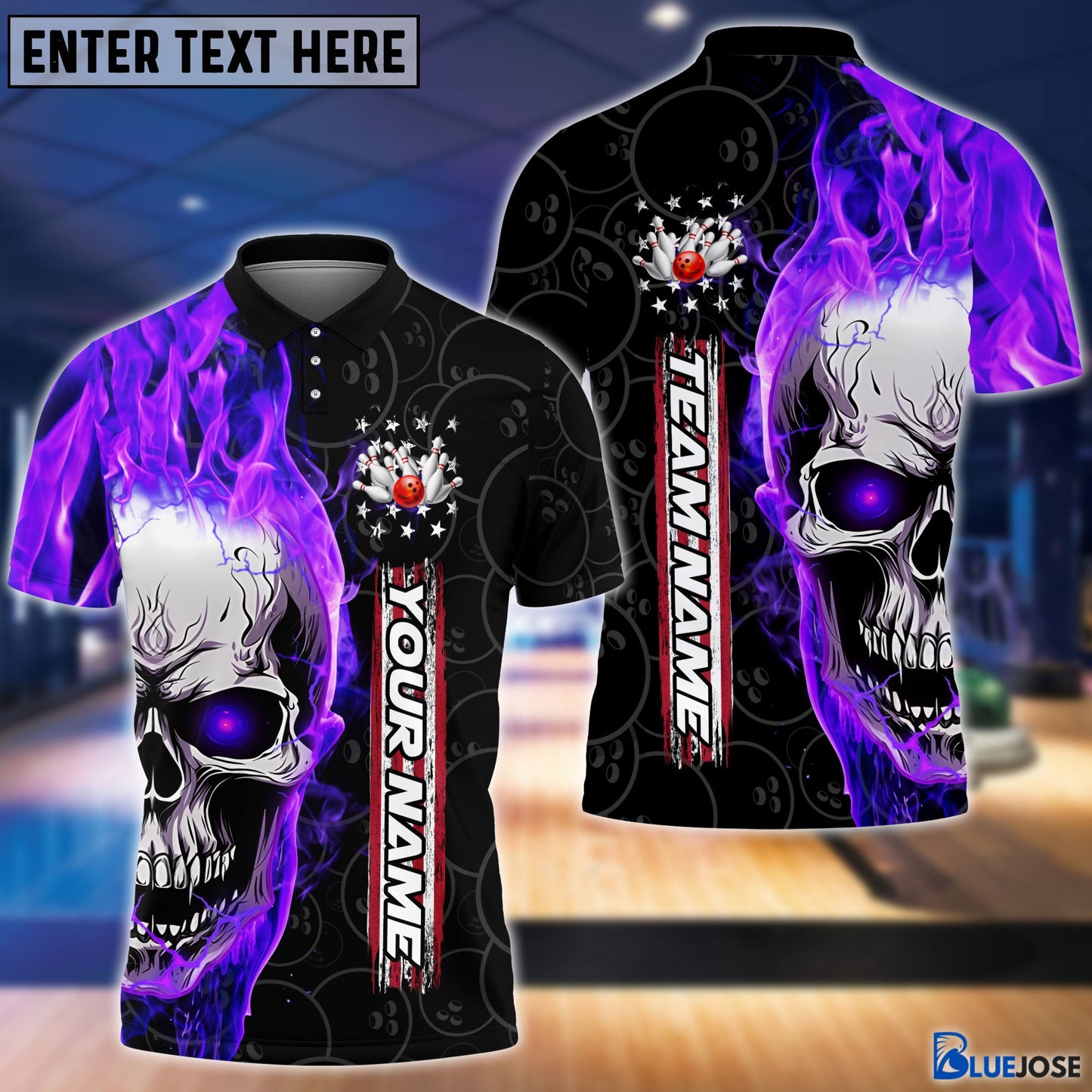 Frenzideas Personalized Name and Team Name Skull Fire Winner Bowling and Pins Multicolor 3D Shirt