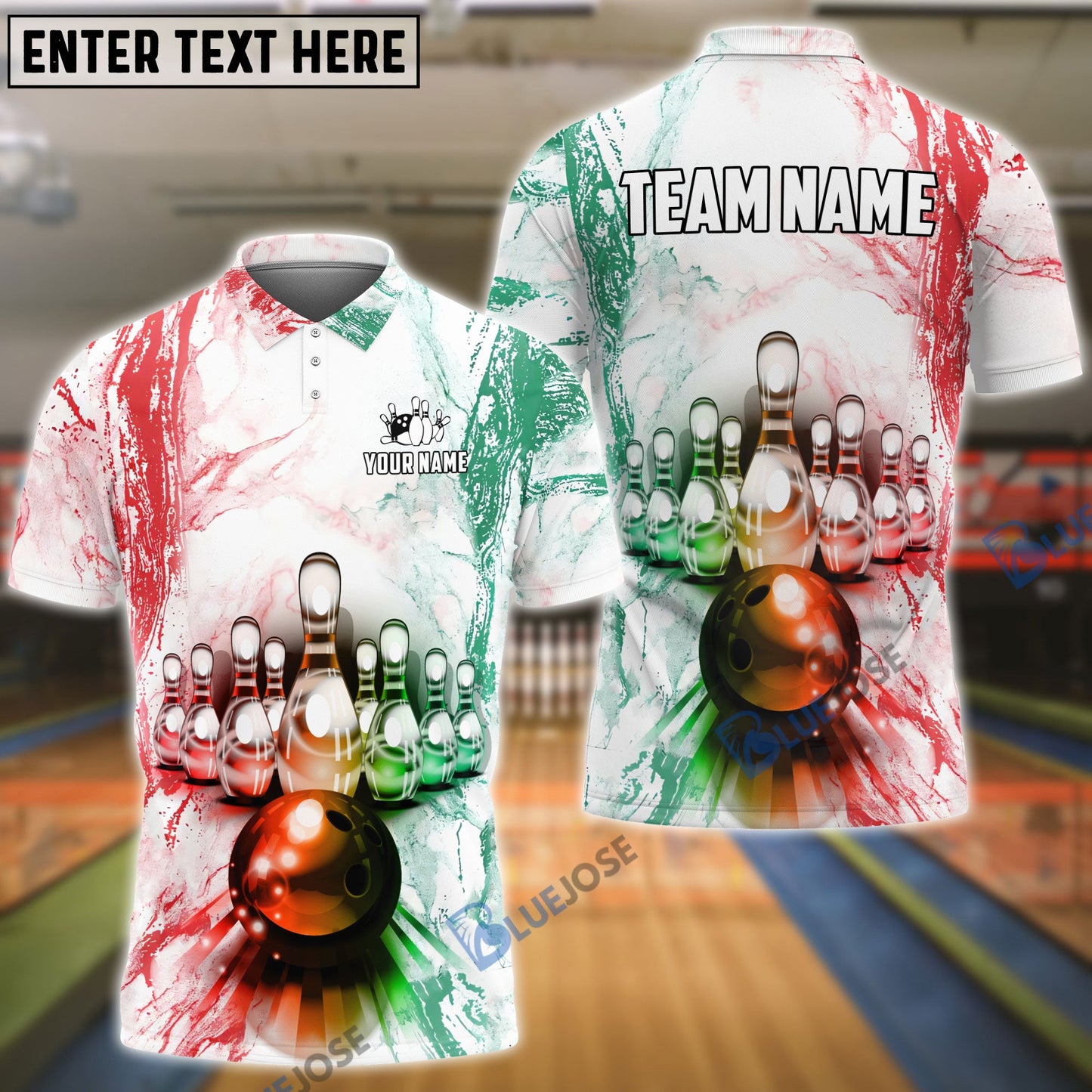 Frenzideas Bowling and Pins Green Red Customized Name, Team Name 3D Shirt