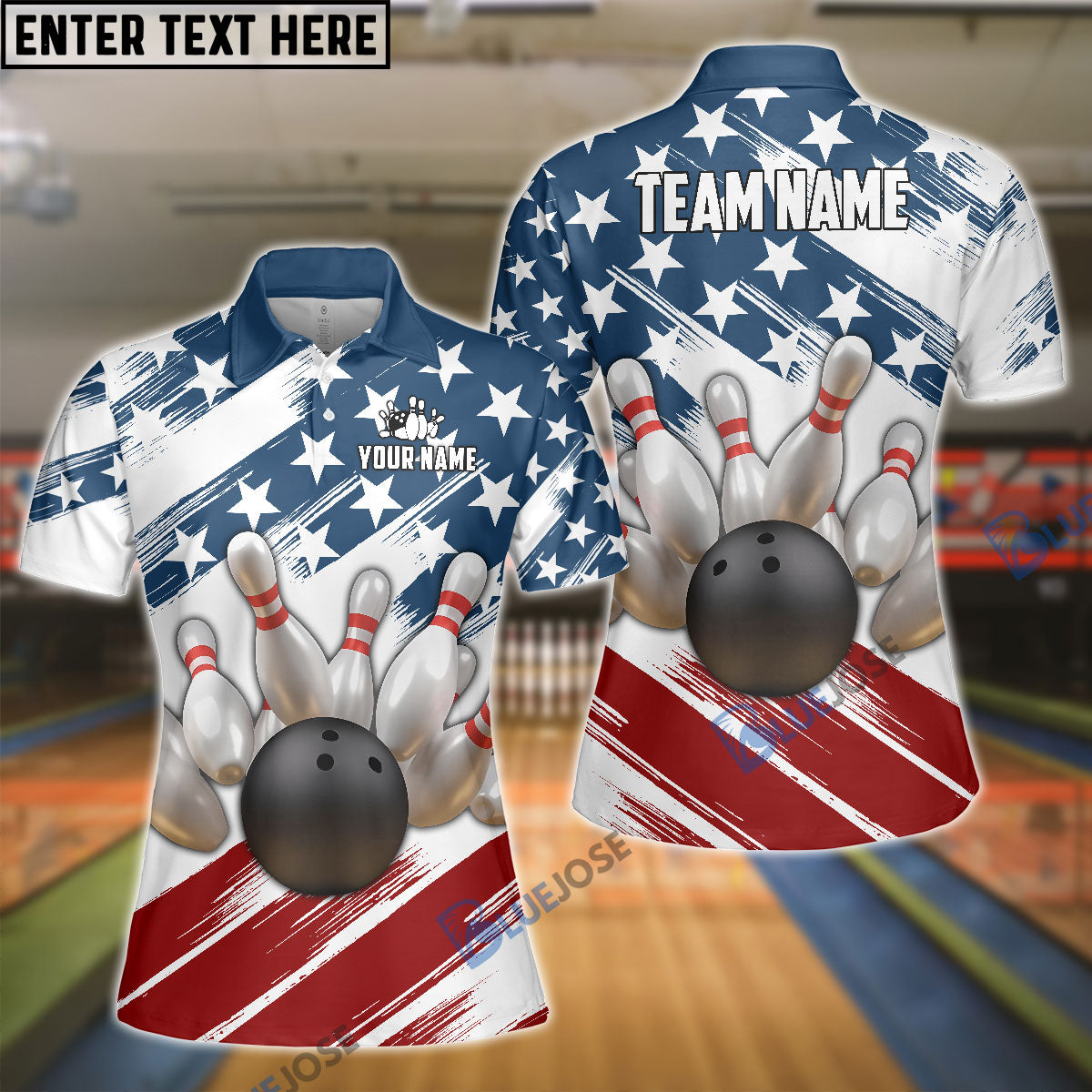 Frenzideas Bowling US Flag Customized Name, Team Name 3D Shirt for Women (4 Colors)