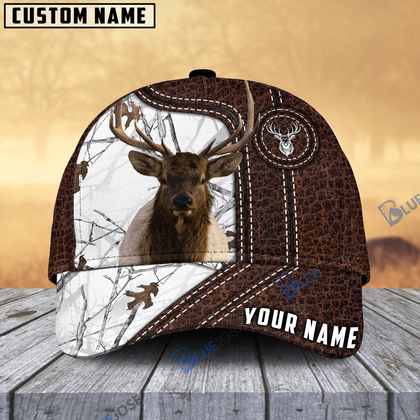 Frenzidea Elk Hunting Premium Leather Pattern Personalized Name Cap (4 Colors)