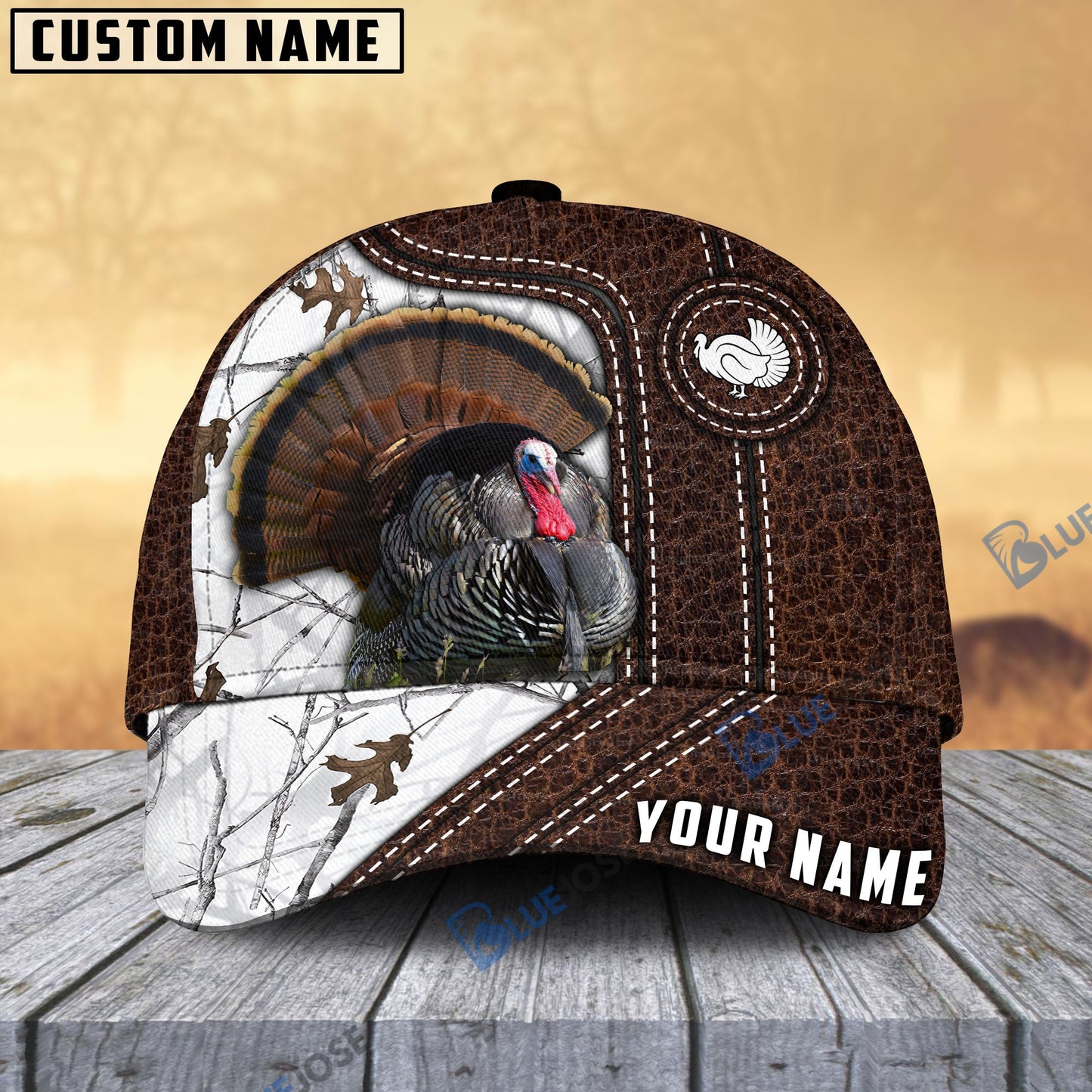 Frenzidea Turkey Hunting Premium Leather Pattern Personalized Name Cap (4 Colors)