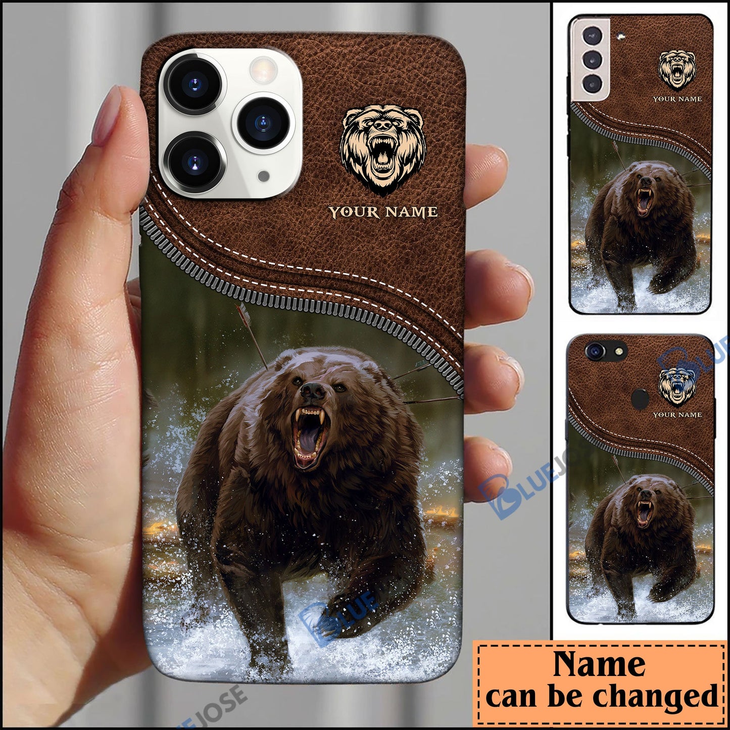 frenzidea Bear Hunting Leather Pattern Personalized Name Phone Case