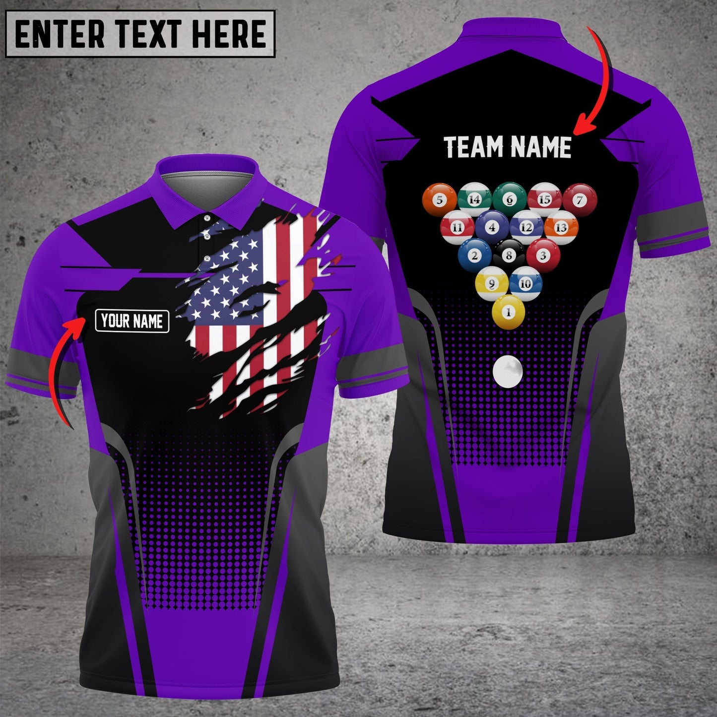 Frenzidea Billiard American Flag Personalized Name, Team Name Unisex Polo Shirt