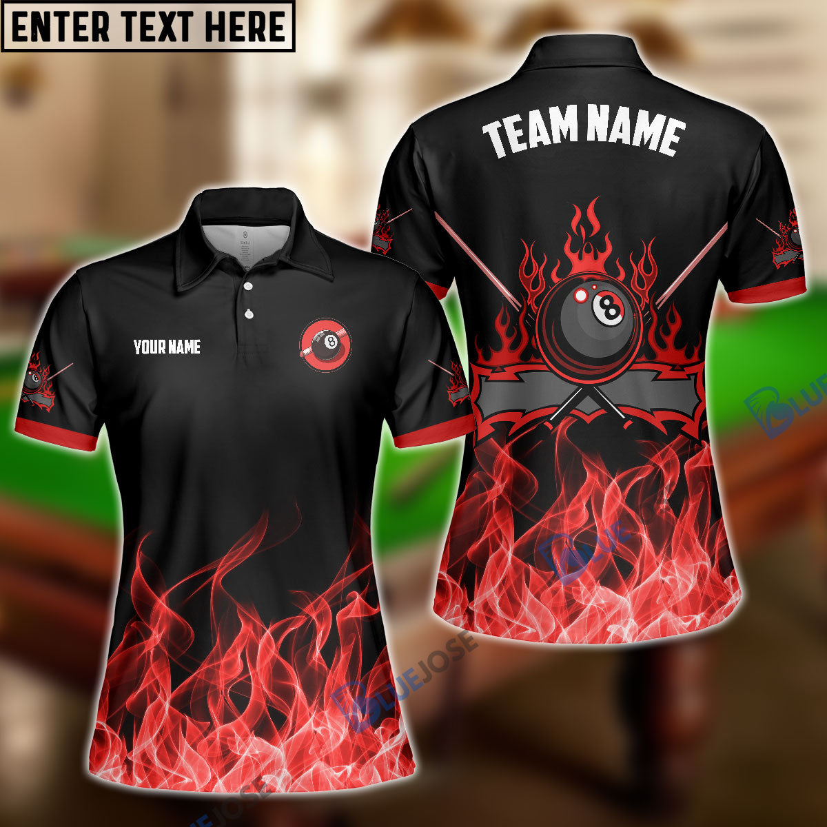 Frenzidea Personalized Billiards 8-Ball Red Fire Pattern Women Polo Shirt