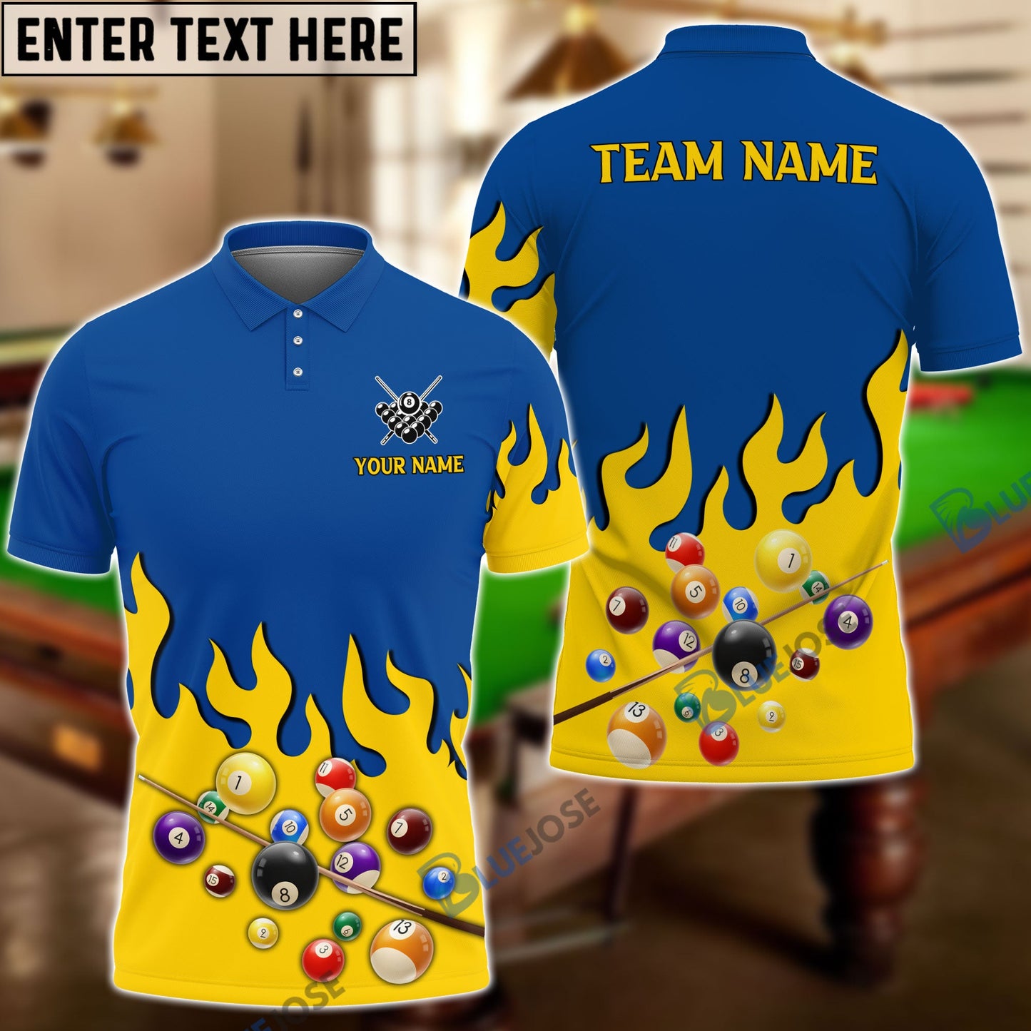 Frenzidea Billiards Blue & Yellow Fire Personalized Name Shirt