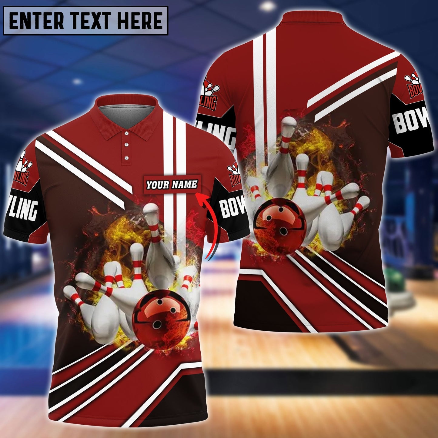 Frenzideas Red Bowling Ball On Fire Crashing Pins Personalized Name 3D Shirt