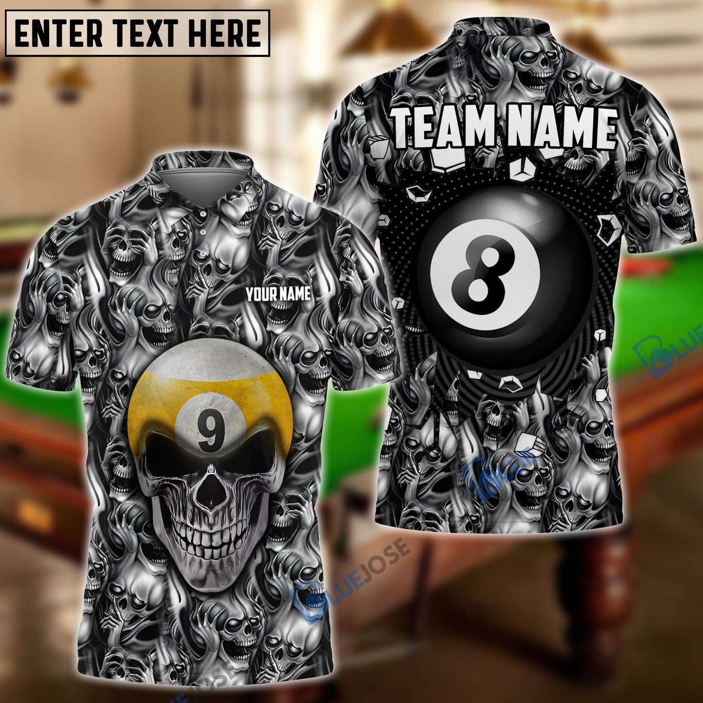 Frenzidea Billiards Skull 8&9 Ball Customized Name, Team Name Unisex Shirt