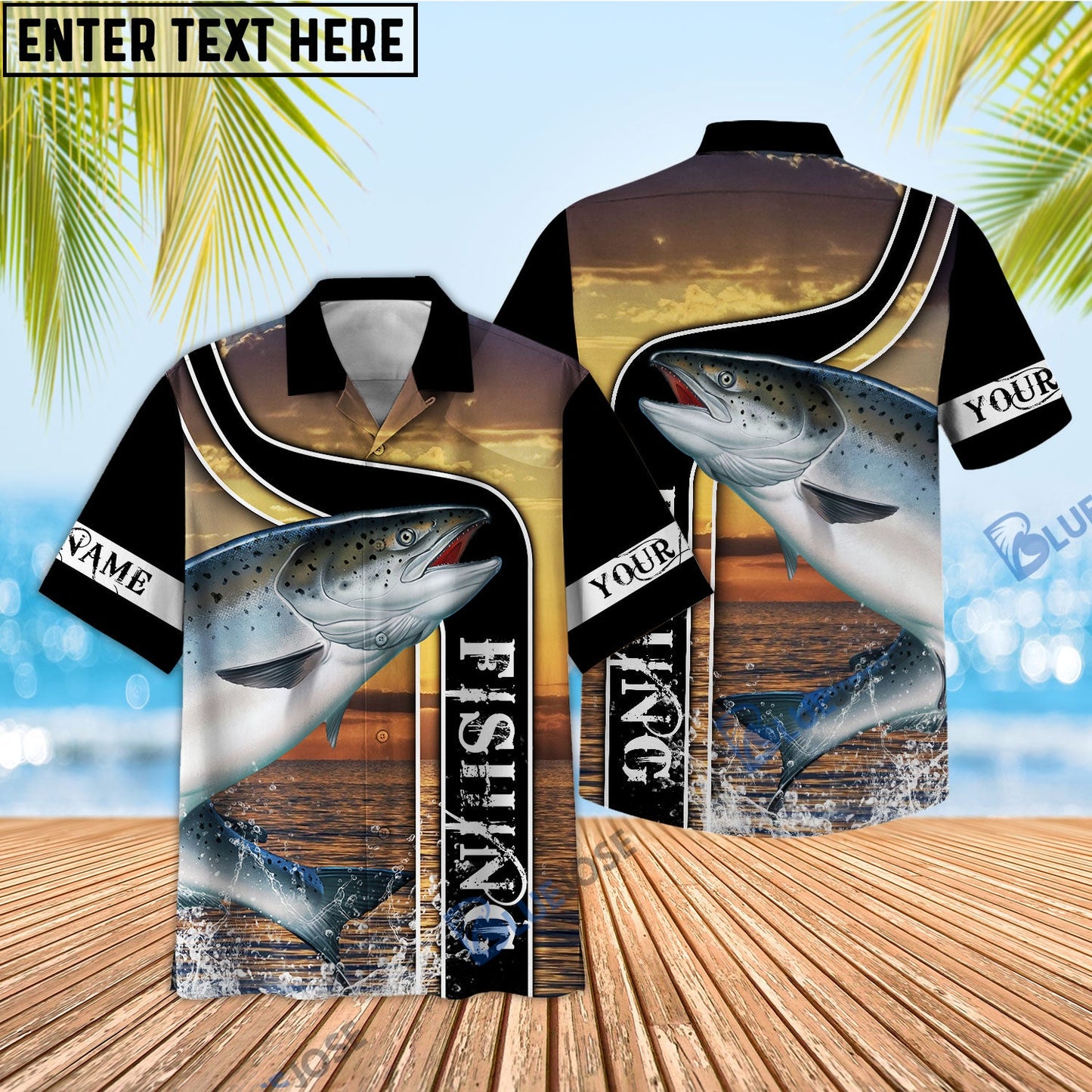 Frenzidea Salmon Fishing Sunset Custom Name 3D Shirt