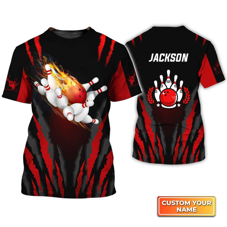 Frenzideas Bowling Ball in Flames Breaks White Skittles Personalized Name 3D Shirt