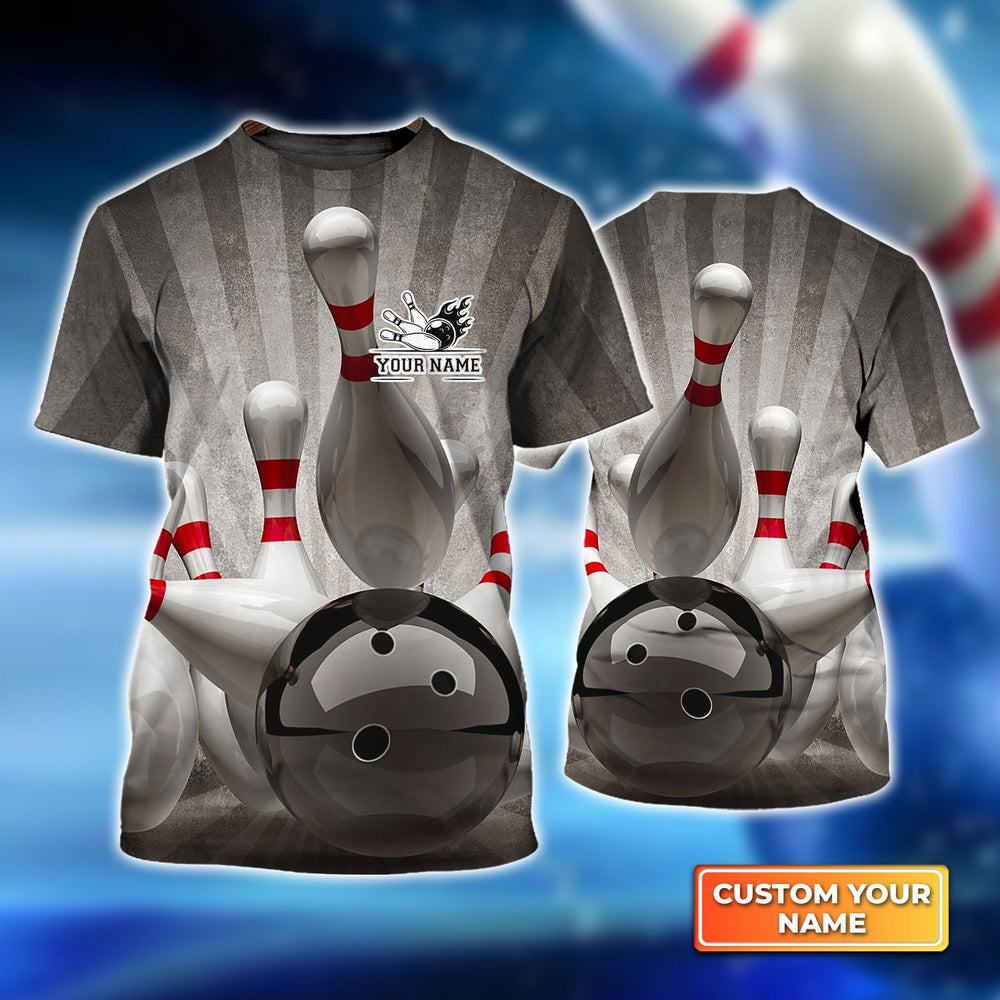 Frenzideas Bowling Ball Crashing into the Pins on Vintage Personalized Name 3D Shirt