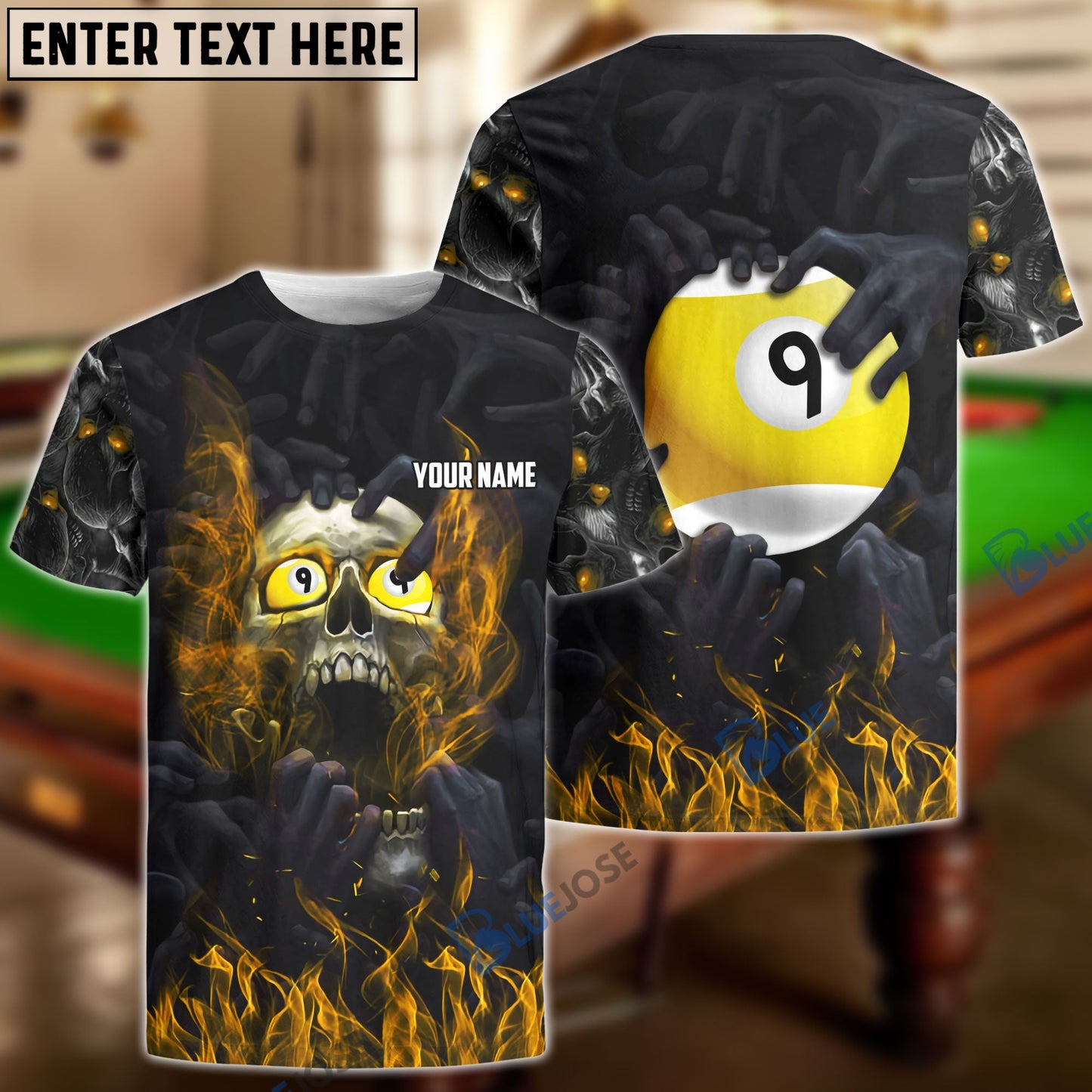 Frenzidea Billiards Skull Fire Personalized Name, Team Name Unisex Shirt