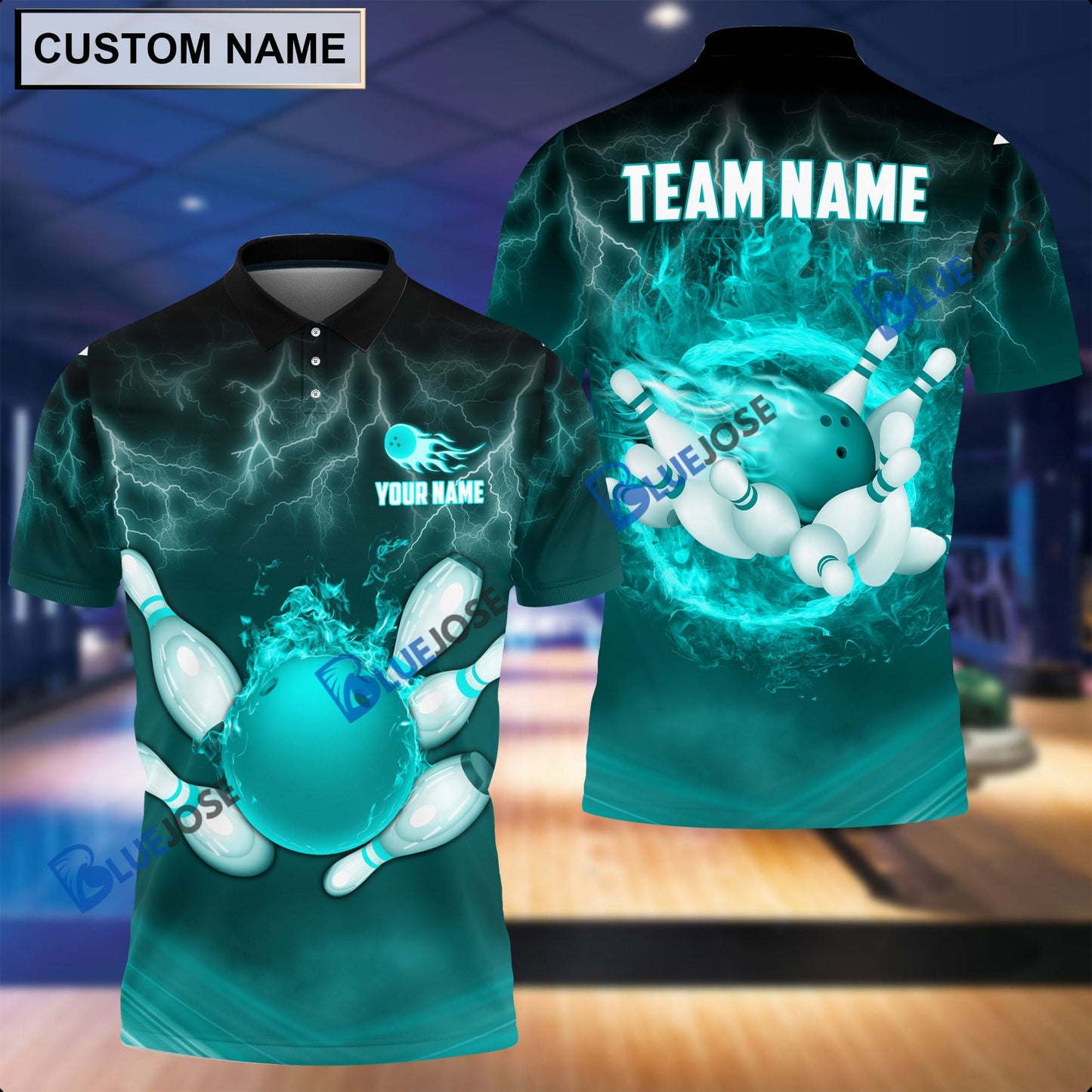 Frenzideas Personalized Name and Team Name Thunder Color Bowling and Pins 3D Shirt