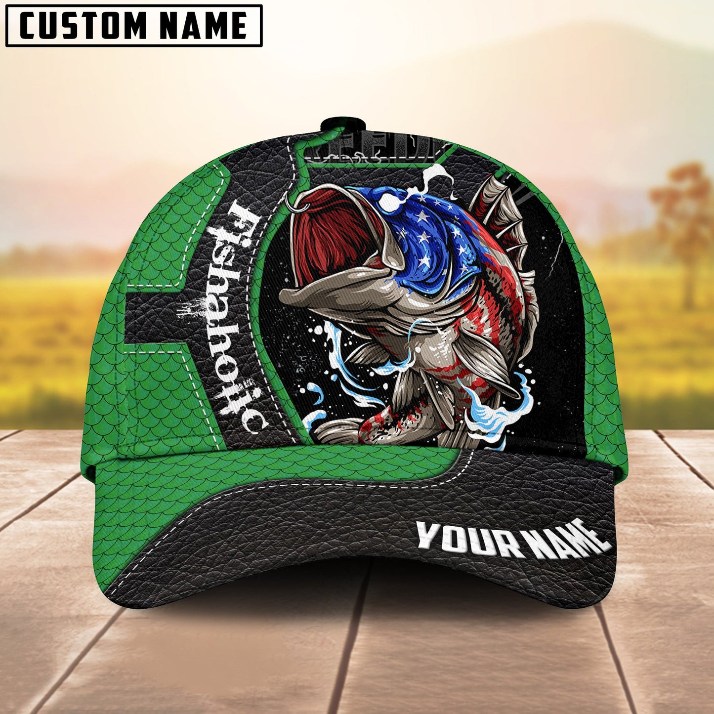 Frenzidea Fishaholic USA Flag Personalized Green Fishing Cap