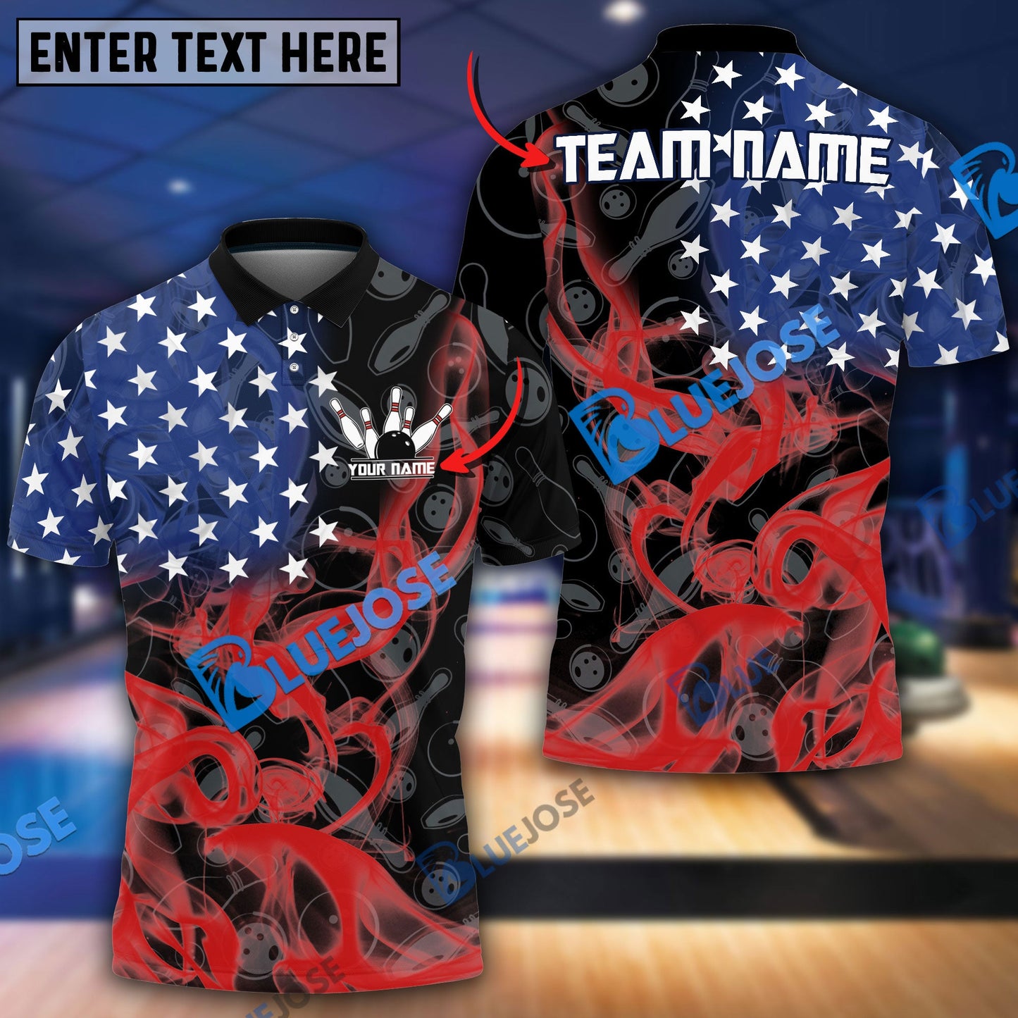 frenzideas Bowling And Pins Smoke American Flag Customized Name, Team Name 3D Shirt