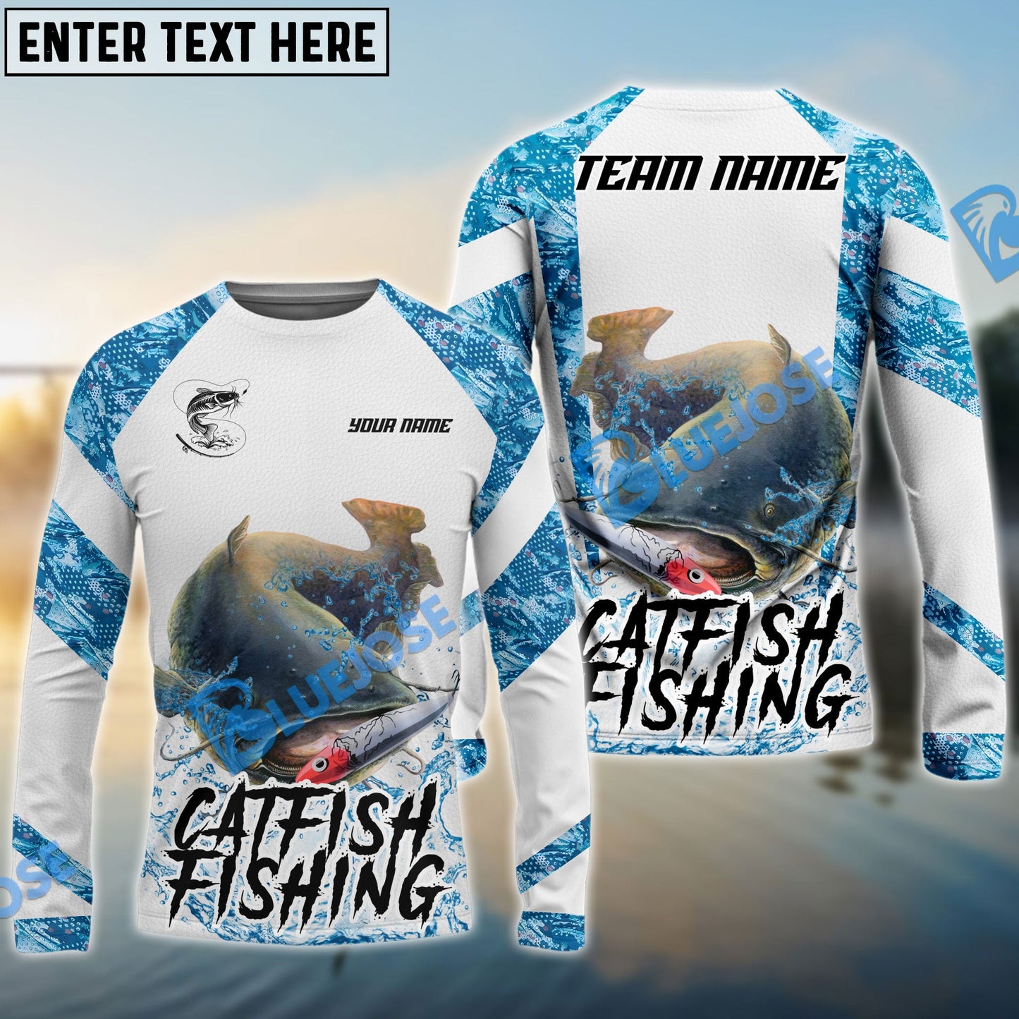 Frenzidea Catfish Fishing Blue Camo White Pattern Sport Custom Name & Team Name 3D Shirts