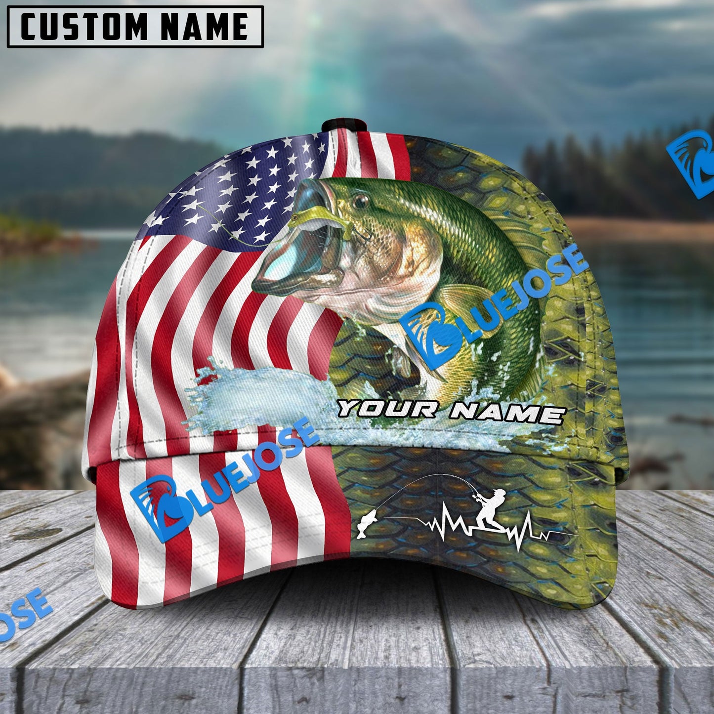 Frenzidea Personalized Bass Skin American Flag Fishing Classic Cap