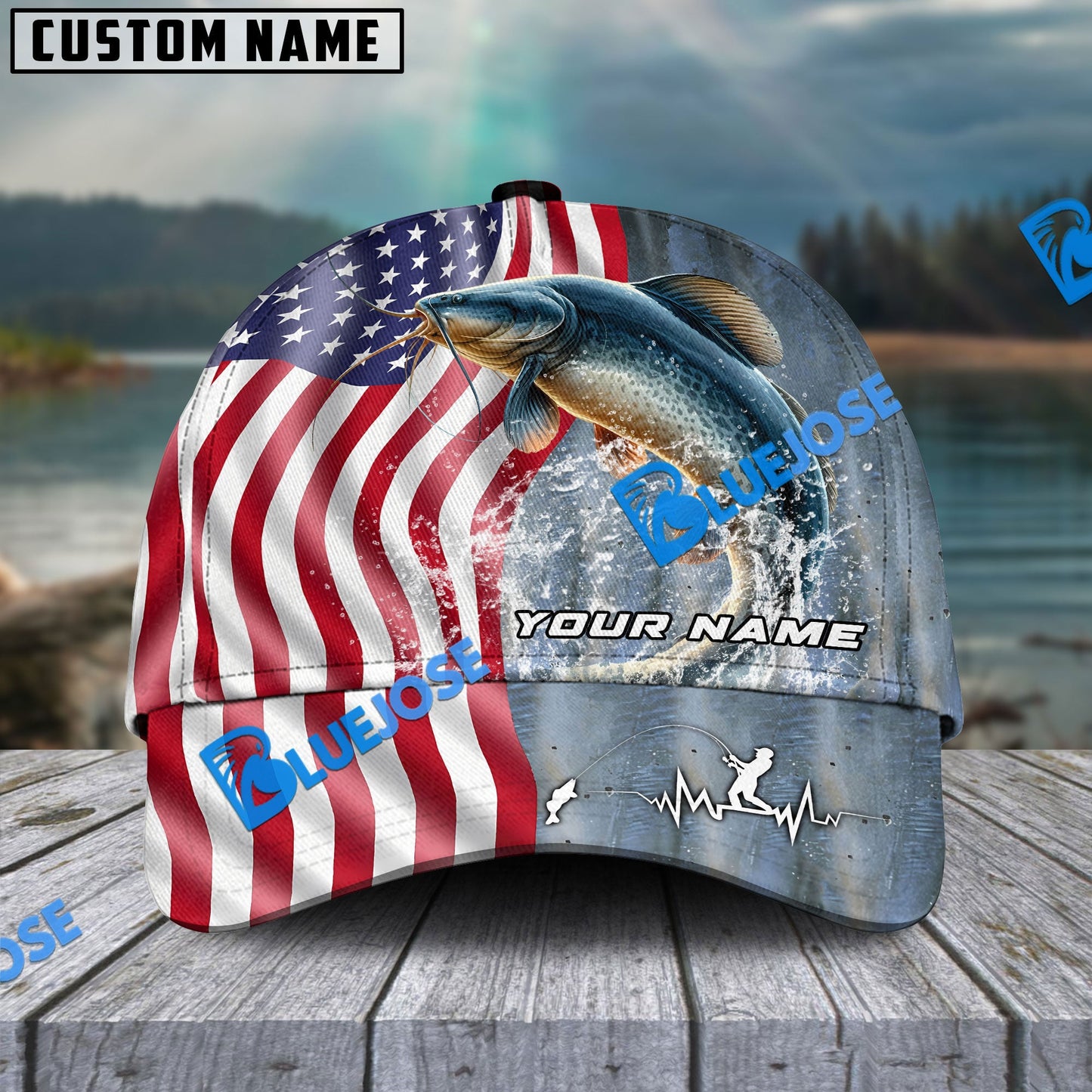Frenzidea Personalized Catfish Skin American Flag Fishing Classic Cap