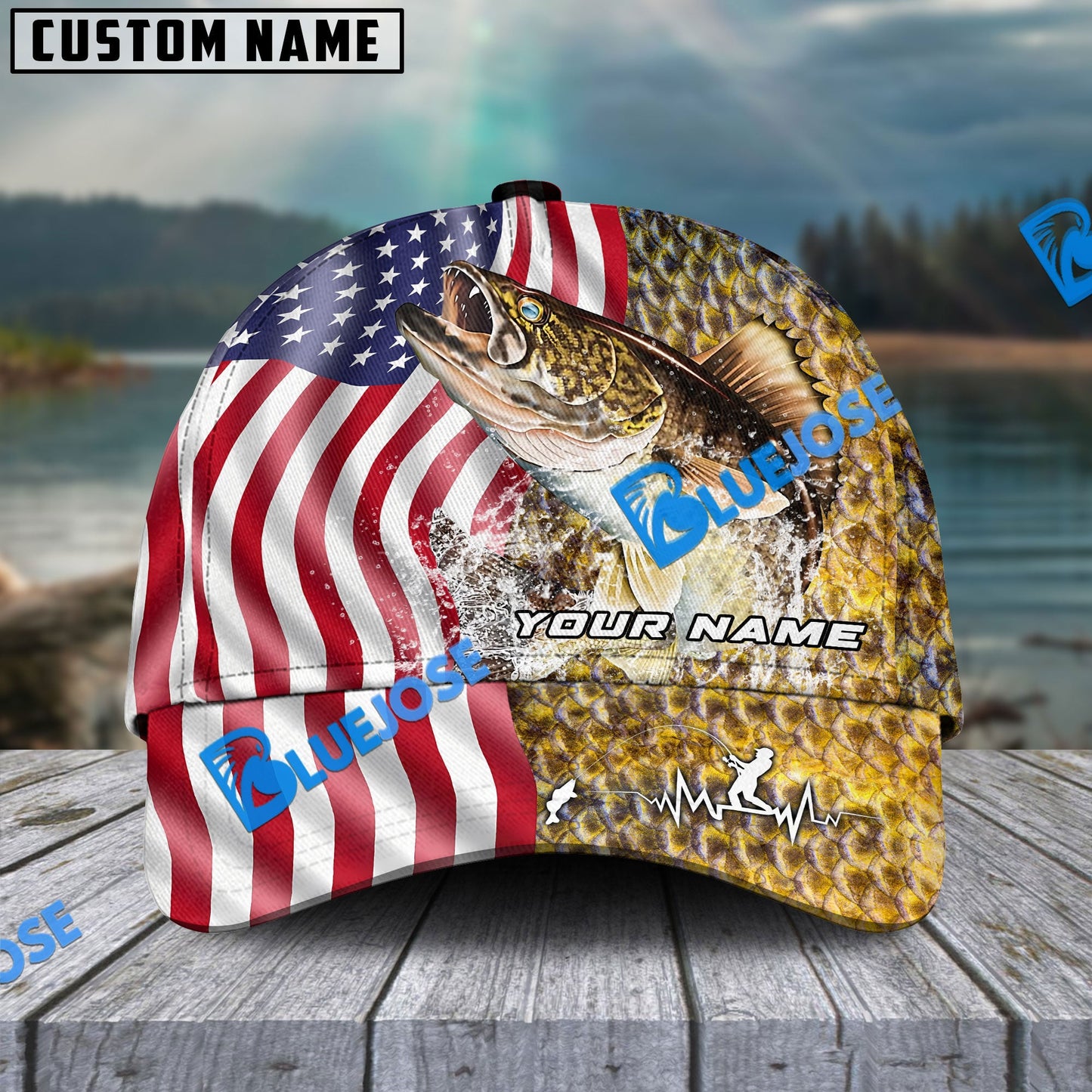 Frenzidea Personalized Walleye Skin American Flag Fishing Classic Cap