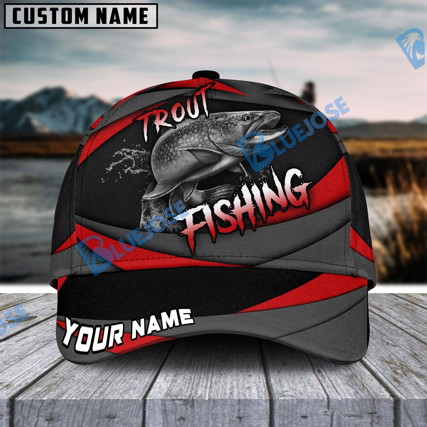 Frenzidea Personalized Trout Fishing Red Gray Spinning Pattern Classic Cap