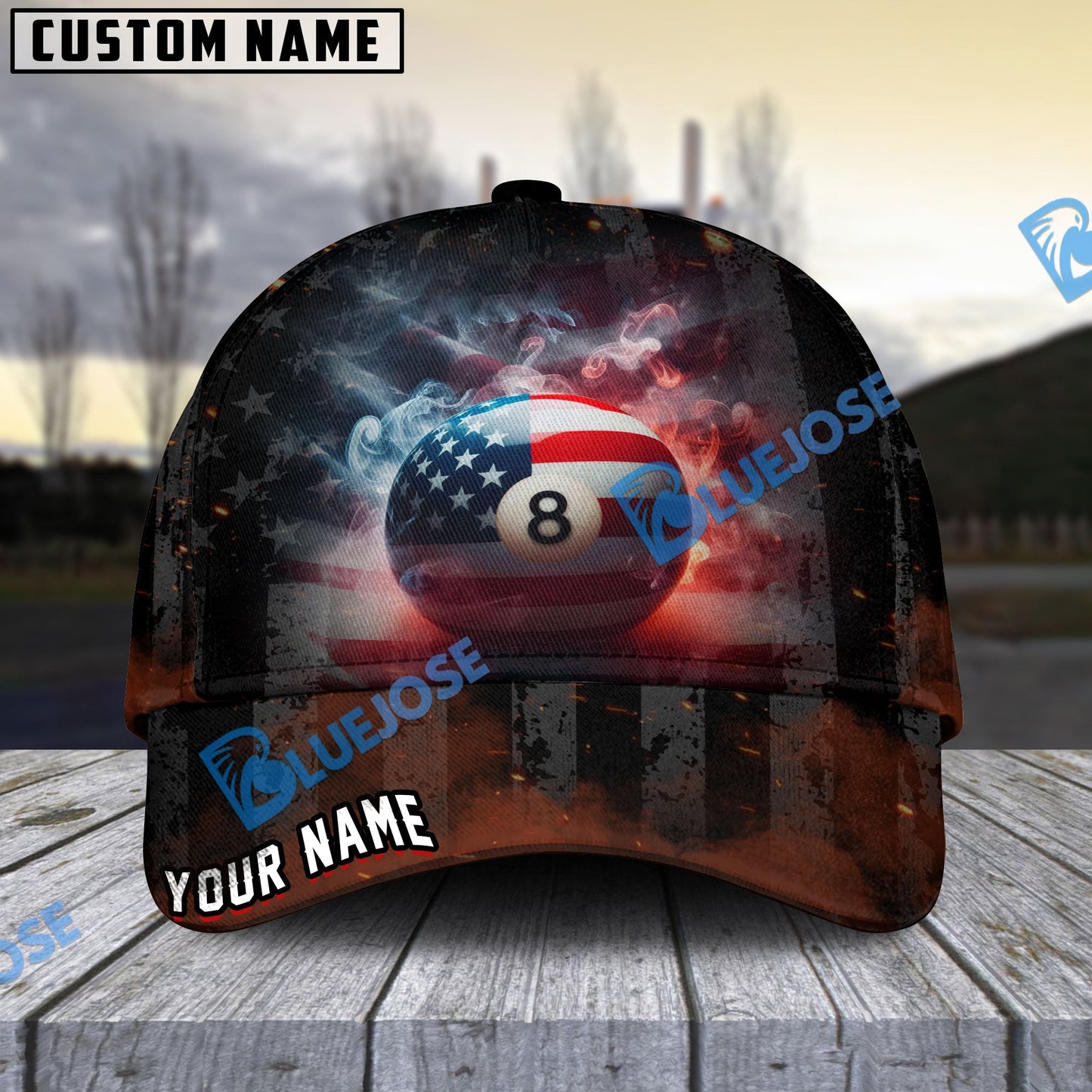 Frenzidea Billiards Ball 8 Smoke American Flag Personalized Name Cap