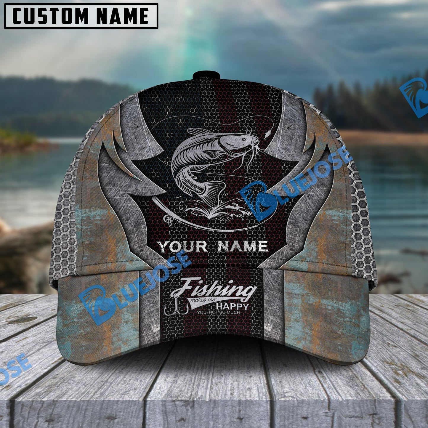 Frenzidea Personalized Catfish Fishing American Flag Rusty Metal Pattern Classic Cap