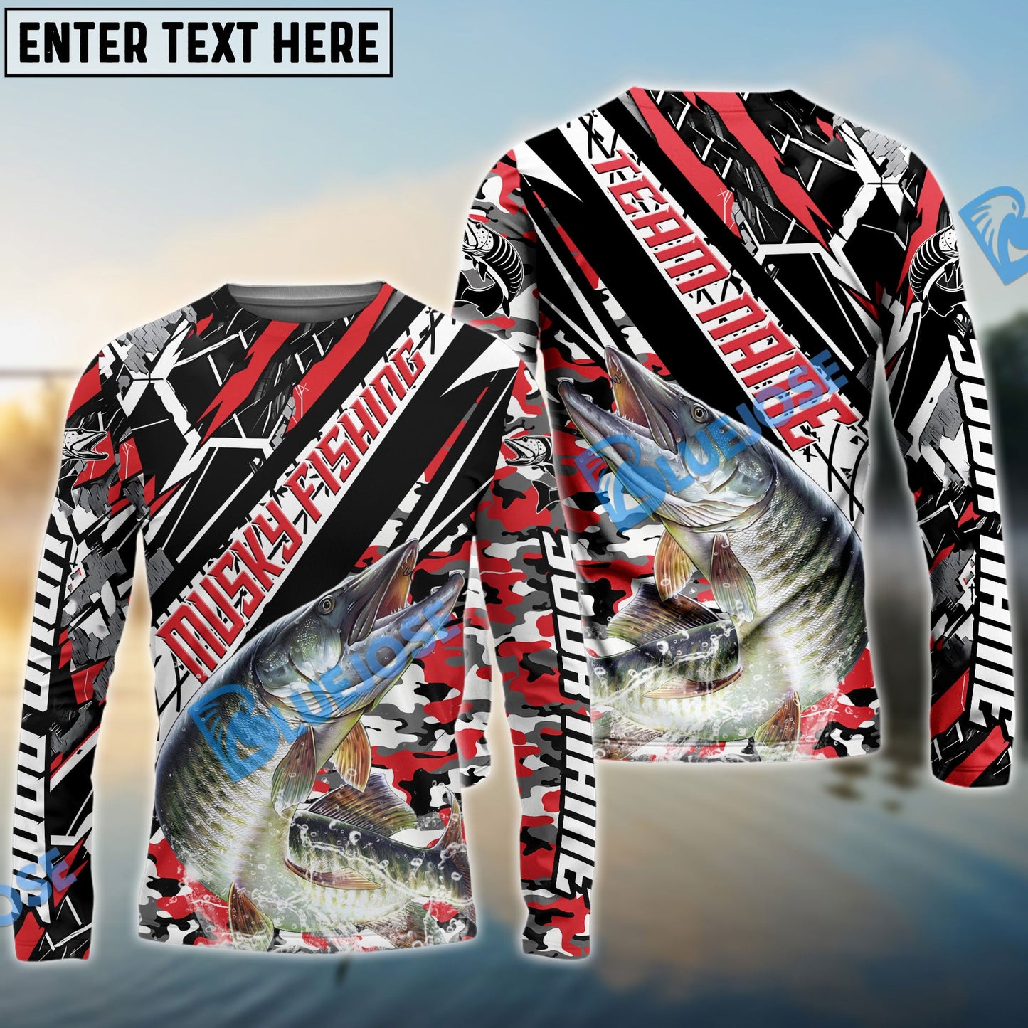 Frenzidea Musky Fishing Red Grunge Camo Custom Name & Team Name 3D Shirts