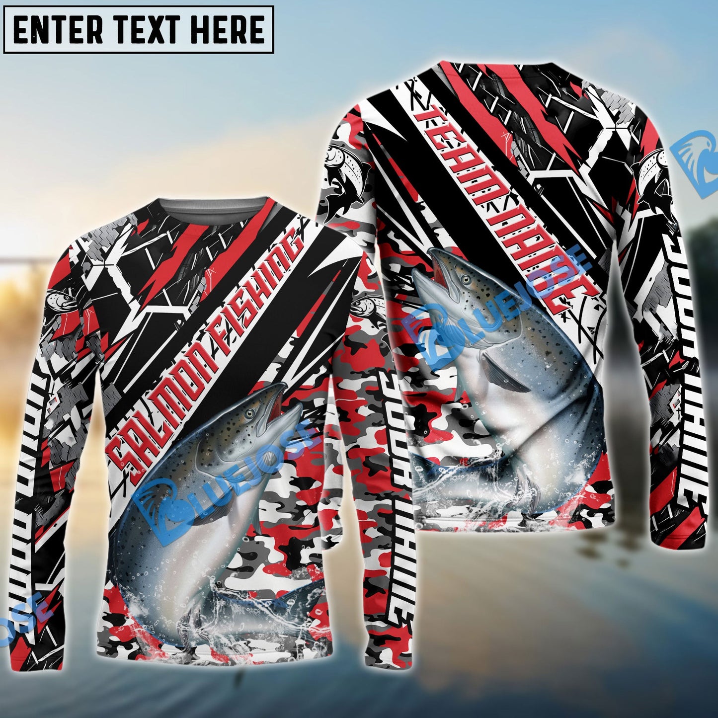 Frenzidea Salmon Fishing Red Grunge Camo Custom Name & Team Name 3D Shirts