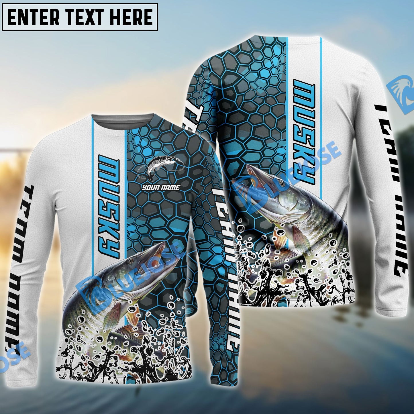 Frenzidea Musky Fishing Blue Fin Bling Camo Sport Custom Name & Team Name 3D Shirts
