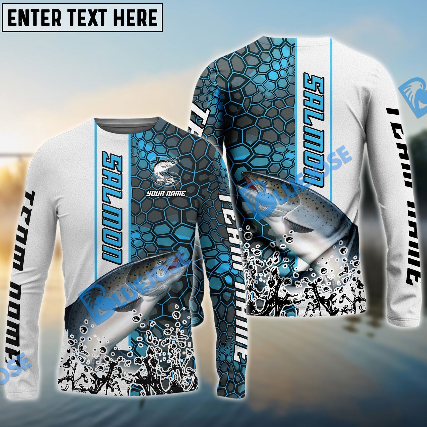 Frenzidea Salmon Fishing Blue Fin Bling Camo Sport Custom Name & Team Name 3D Shirts