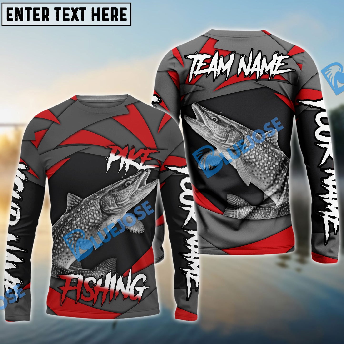 Frenzidea Pike Fishing Red Gray Spinning Pattern Custom Name & Team Name 3D Shirts