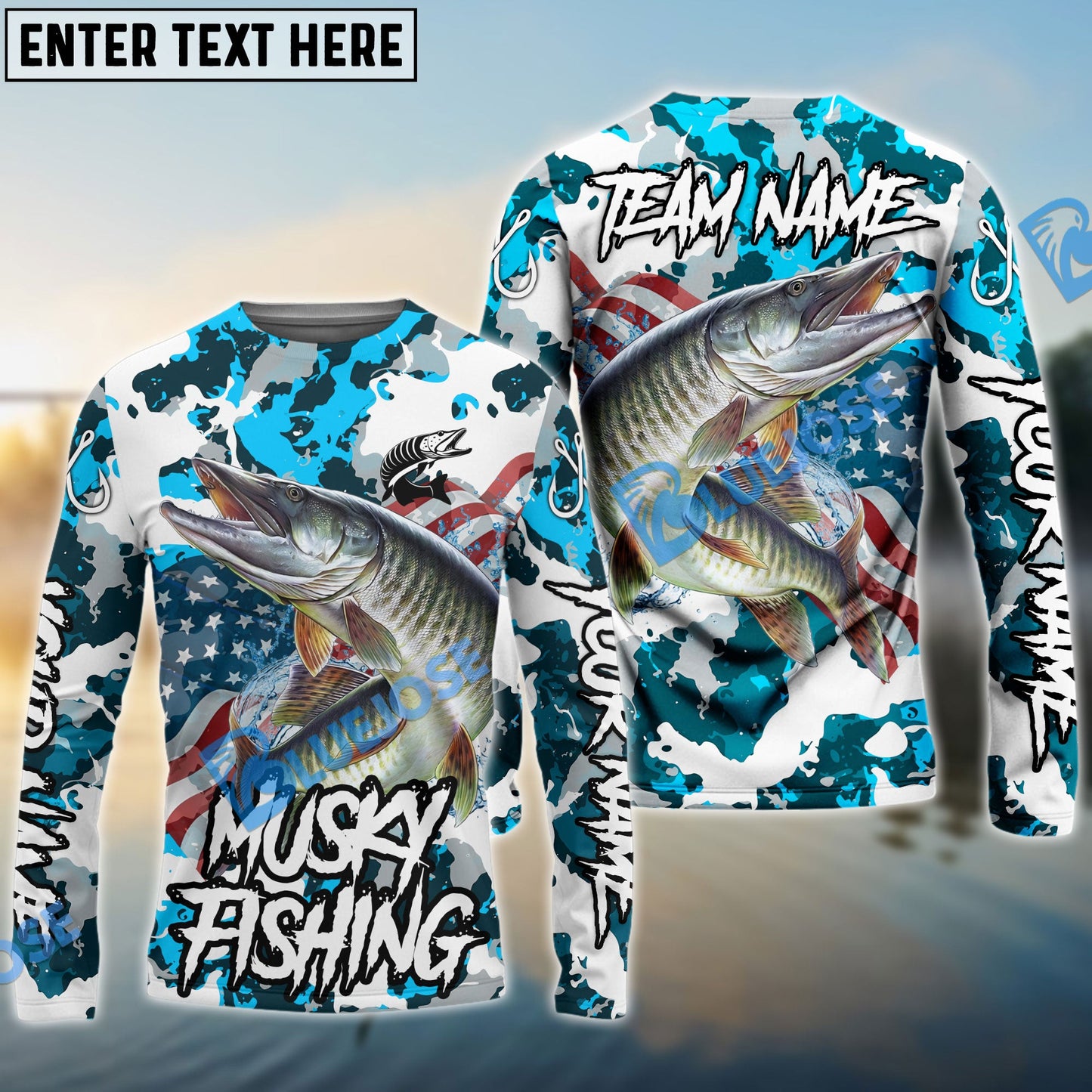 Frenzidea Musky Fishing American Flag Light Blue Camo Custom Name & Team Name 3D Shirts