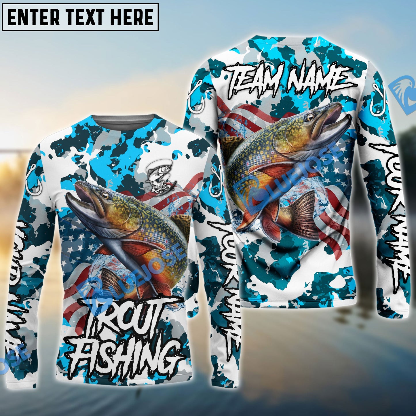 Frenzidea Trout Fishing American Flag Light Blue Camo Custom Name & Team Name 3D Shirts