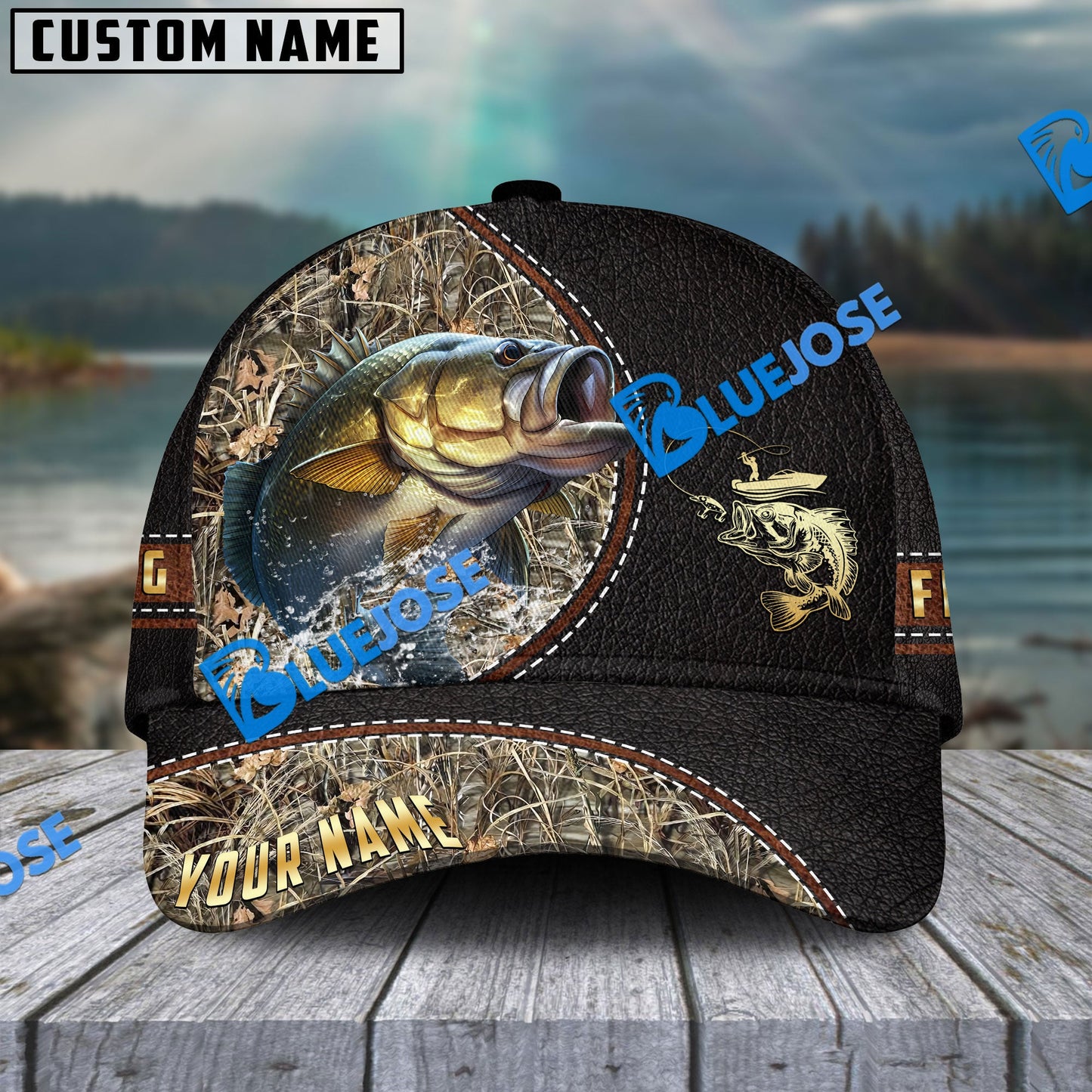 Frenzidea Personalized Bass Black Leather Camo Pattern Fishing Classic Cap
