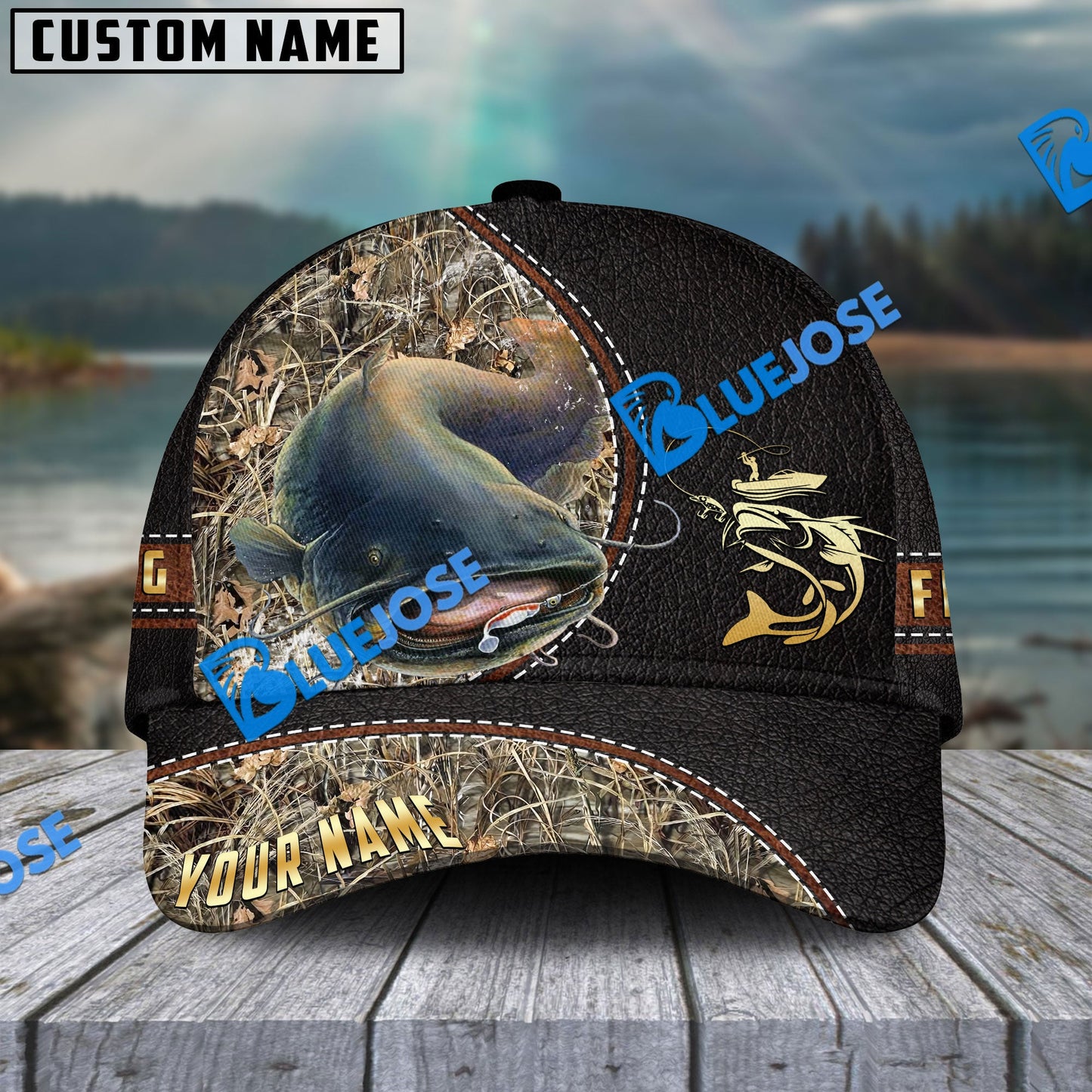 Frenzidea Personalized Catfish Black Leather Camo Pattern Fishing Classic Cap