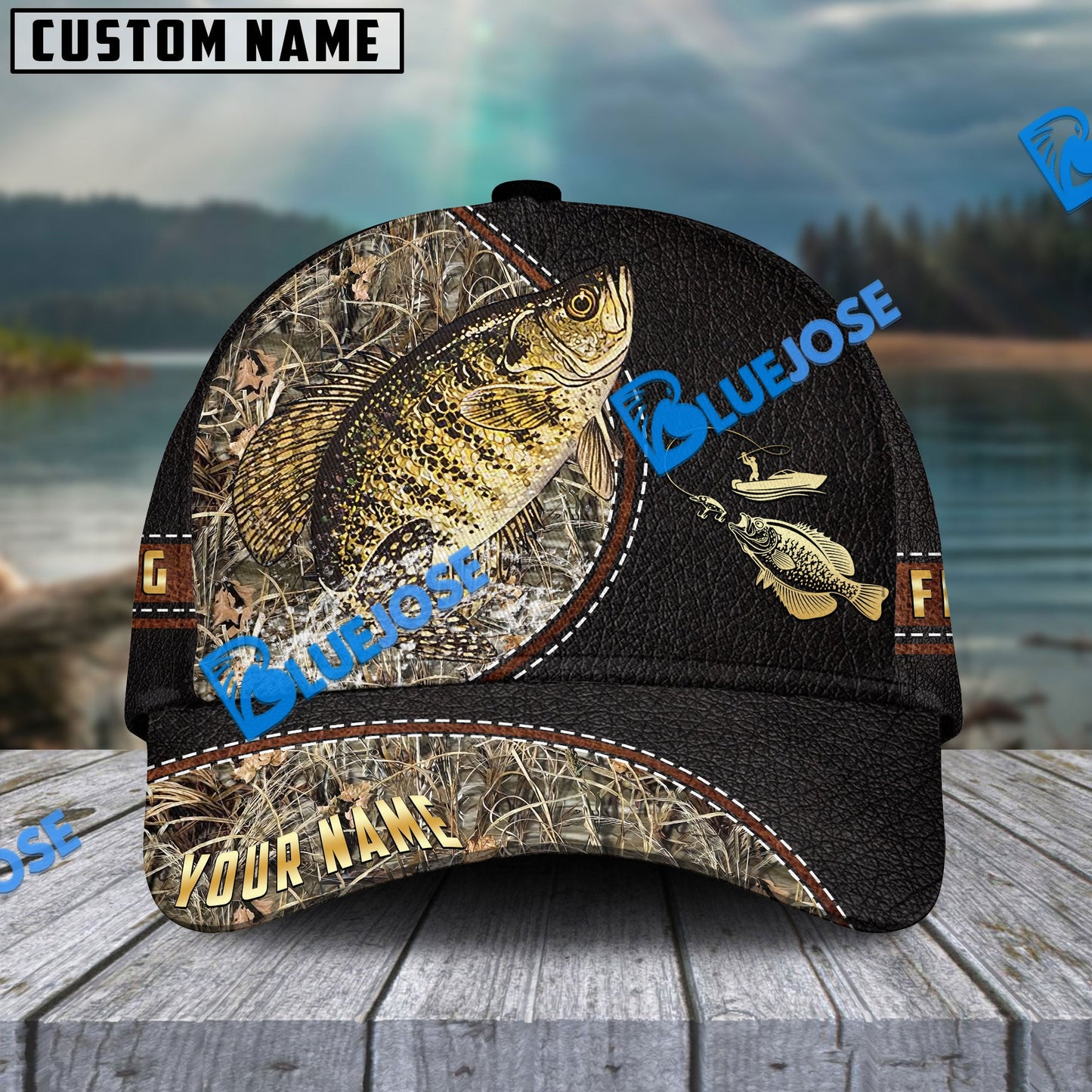 Frenzidea Personalized Crappie Black Leather Camo Pattern Fishing Classic Cap