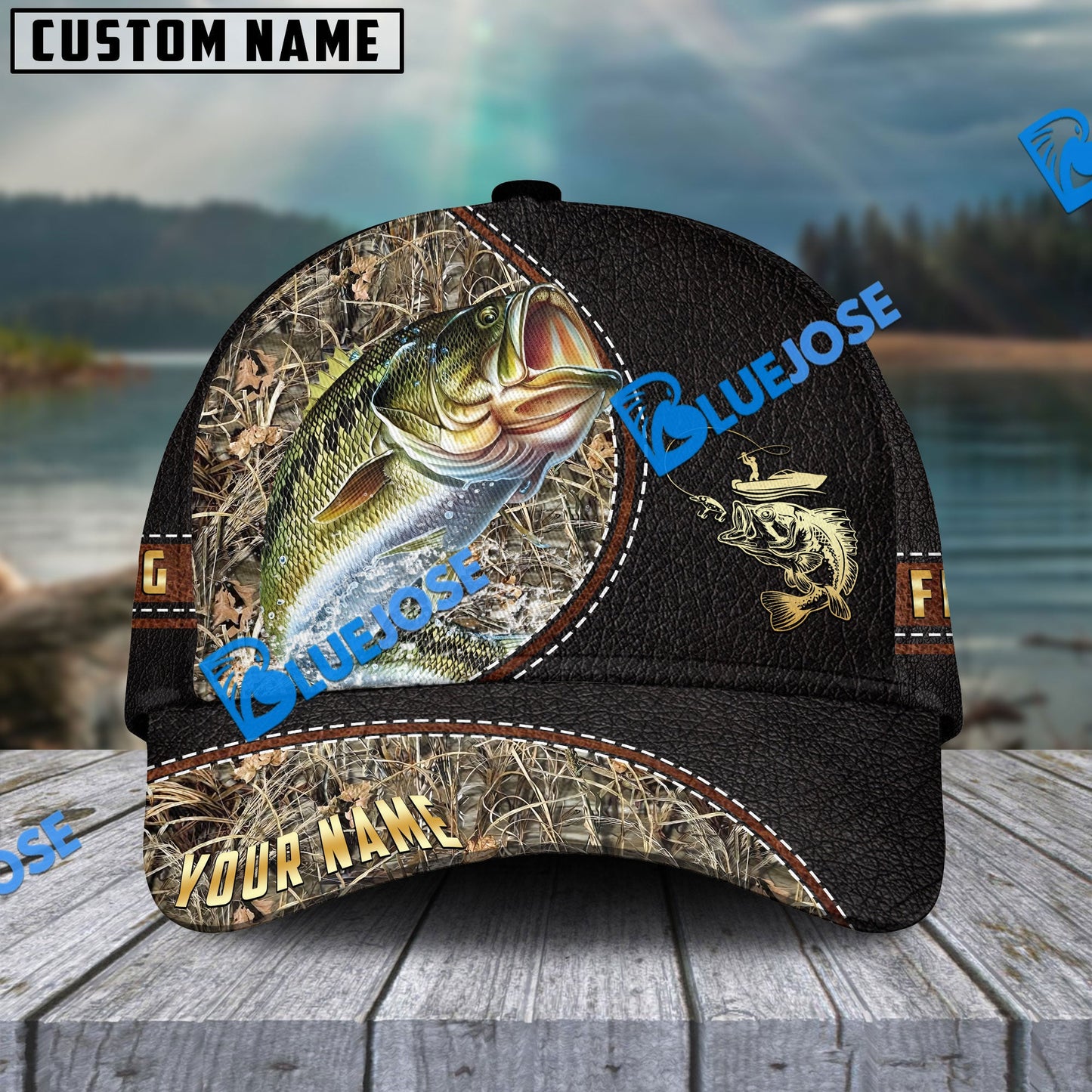 Frenzidea Personalized Large Mouth Bass Black Leather Camo Pattern Fishing Classic Cap