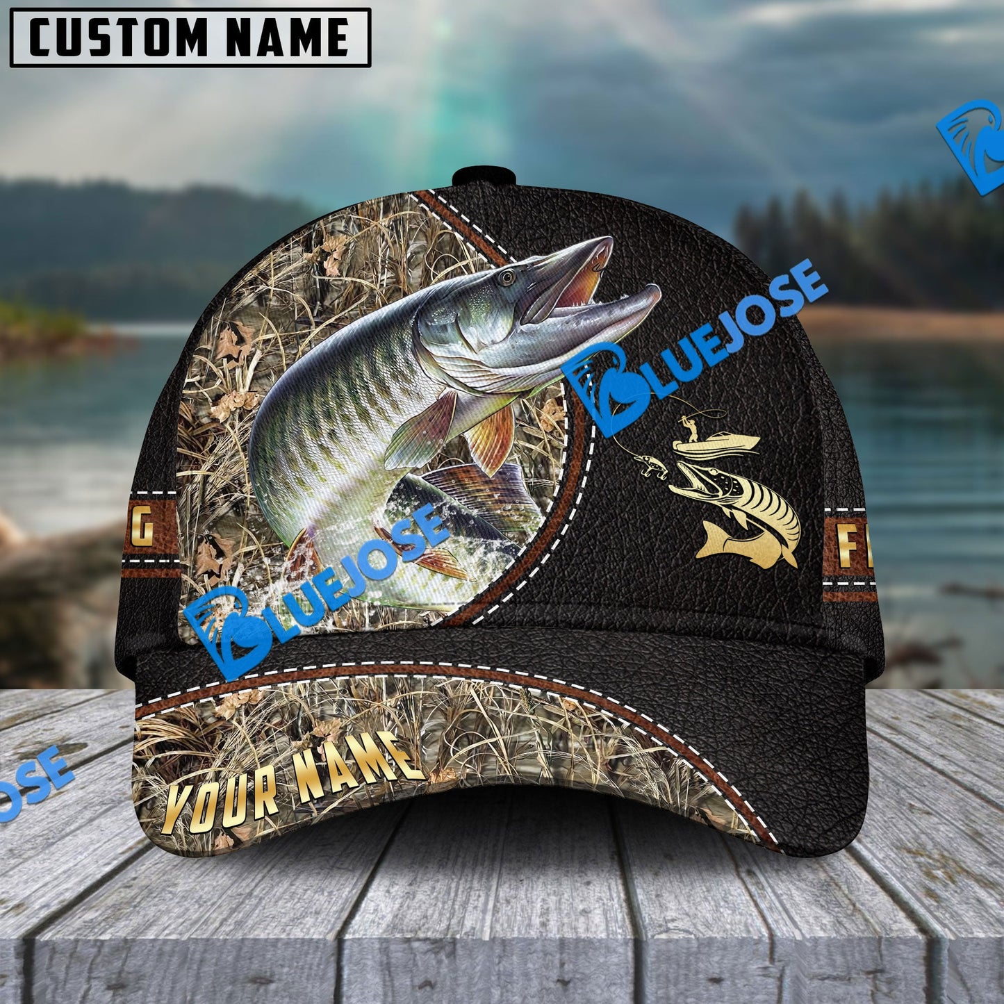 Frenzidea Personalized Musky Black Leather Camo Pattern Fishing Classic Cap