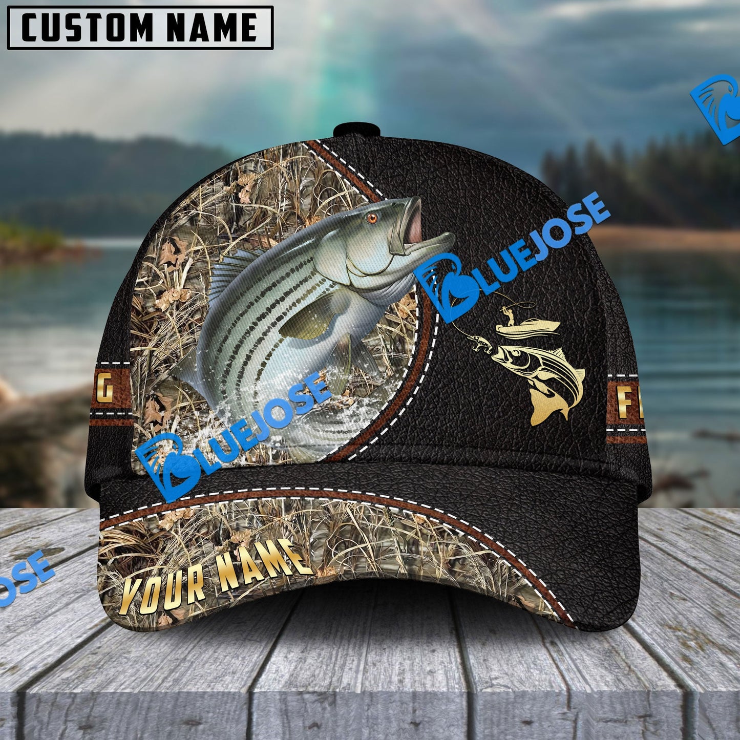 Frenzidea Personalized Striped Bass Black Leather Camo Pattern Fishing Classic Cap