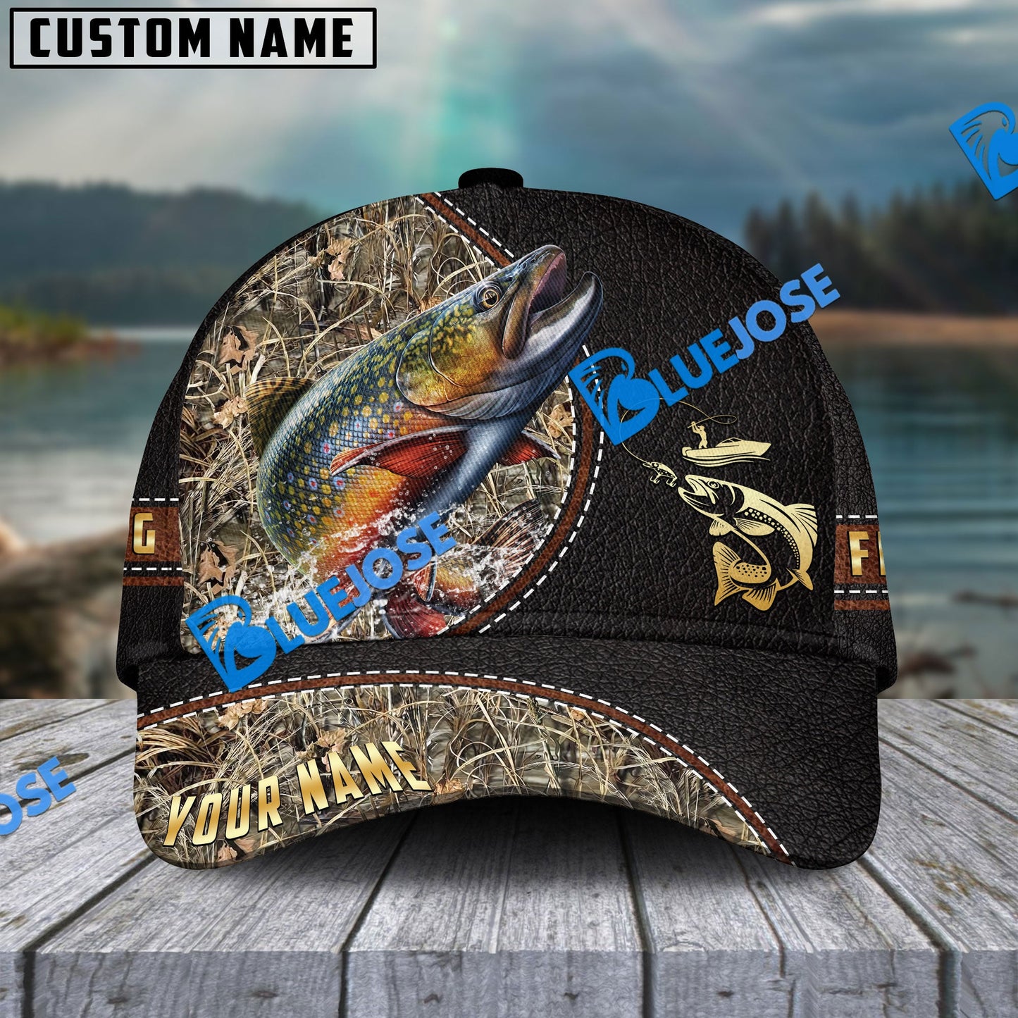 Frenzidea Personalized Trout Black Leather Camo Pattern Fishing Classic Cap