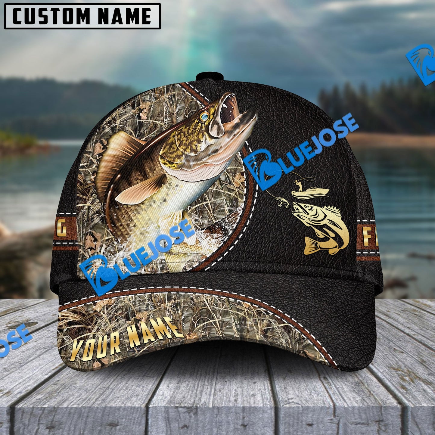 Frenzidea Personalized Walleye Black Leather Camo Pattern Fishing Classic Cap