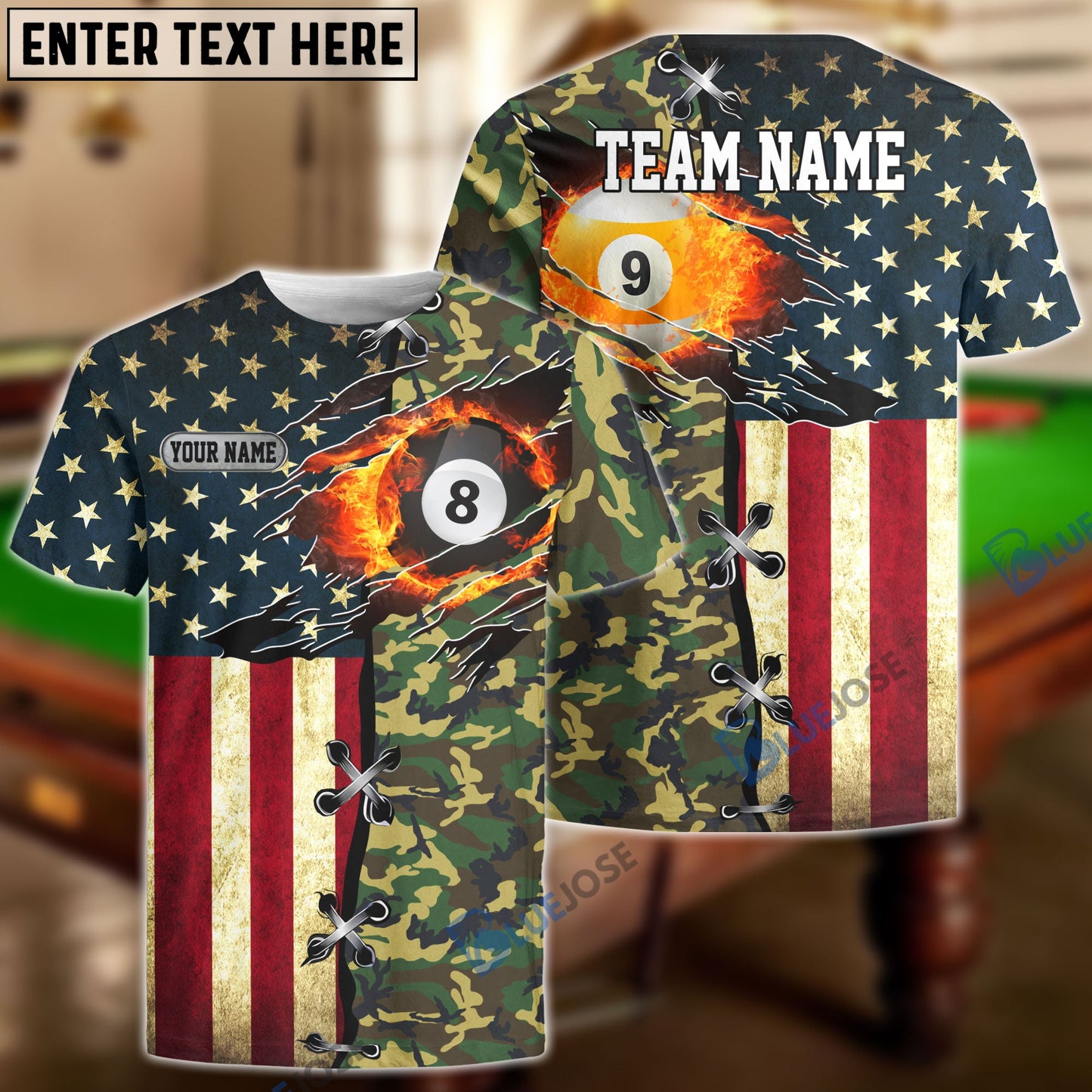 frenzidea Billiards Ball 8 And 9 American Flag Camo Personalized Name, Team Name Unisex Shirt ( 4 Colors )