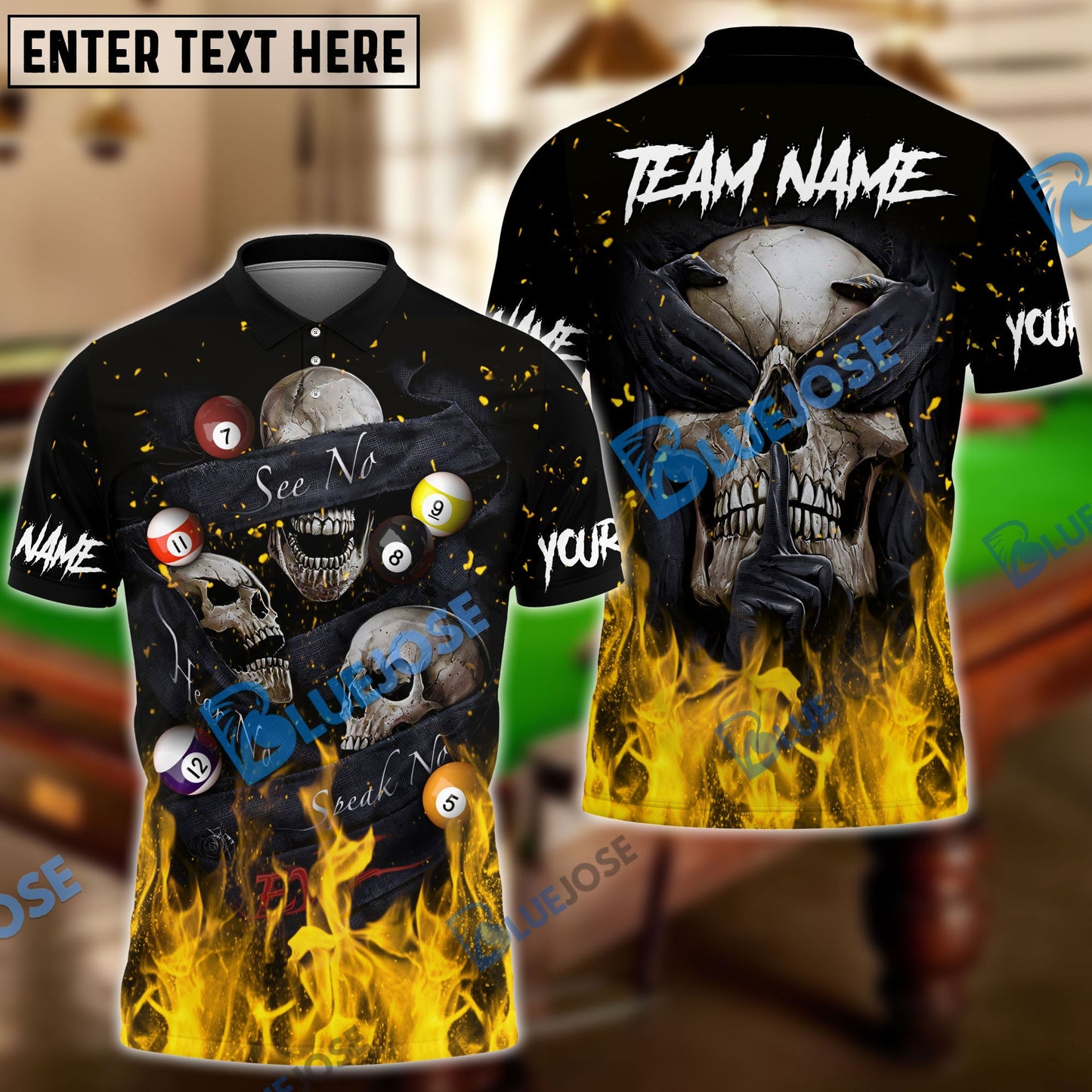 frenzidea Billiards Flaming Blinding Skull Personalized Name, Team Name Unisex Shirt ( 6 Colors )