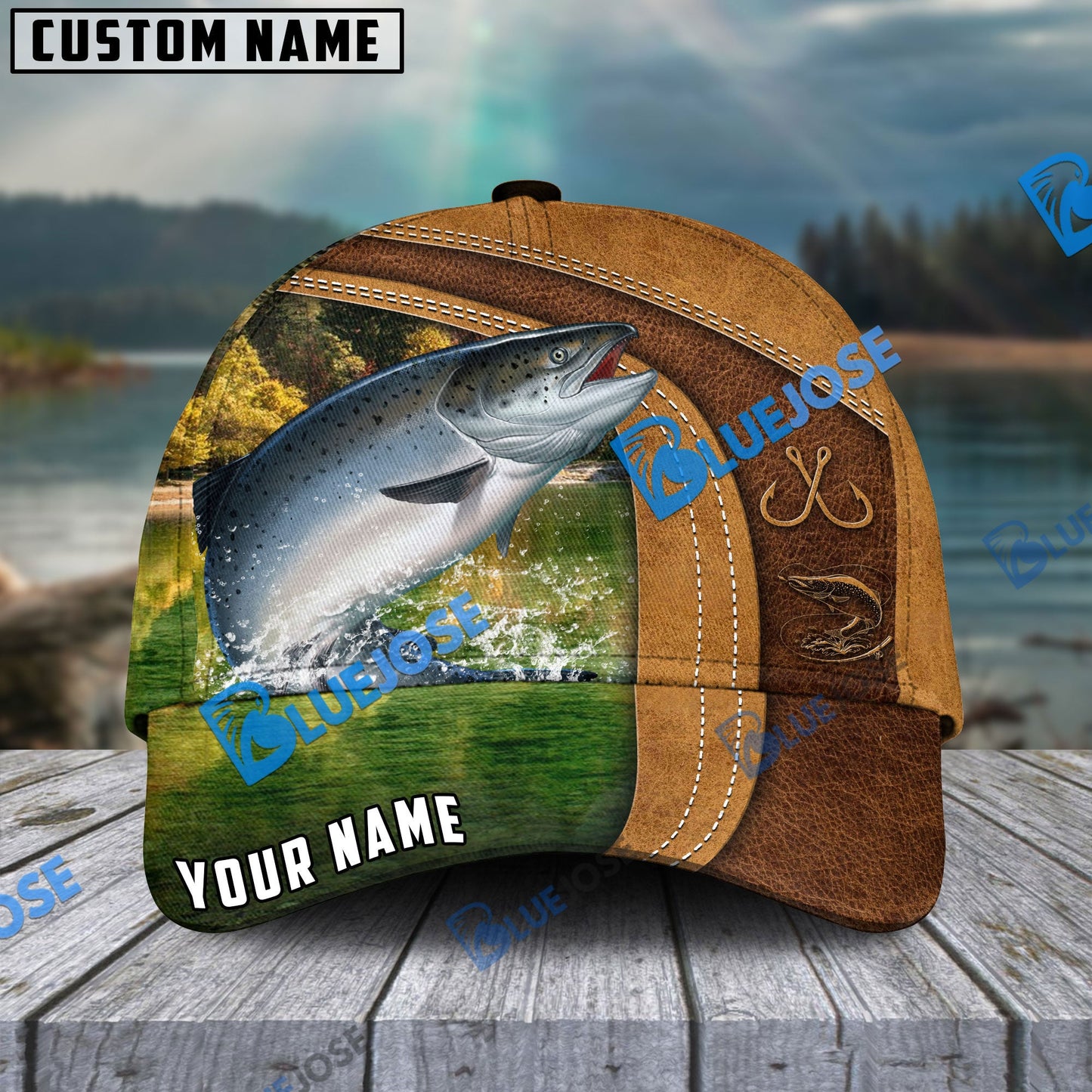 Frenzidea Personalized Salmon Fishing Leather Pattern Classic Cap