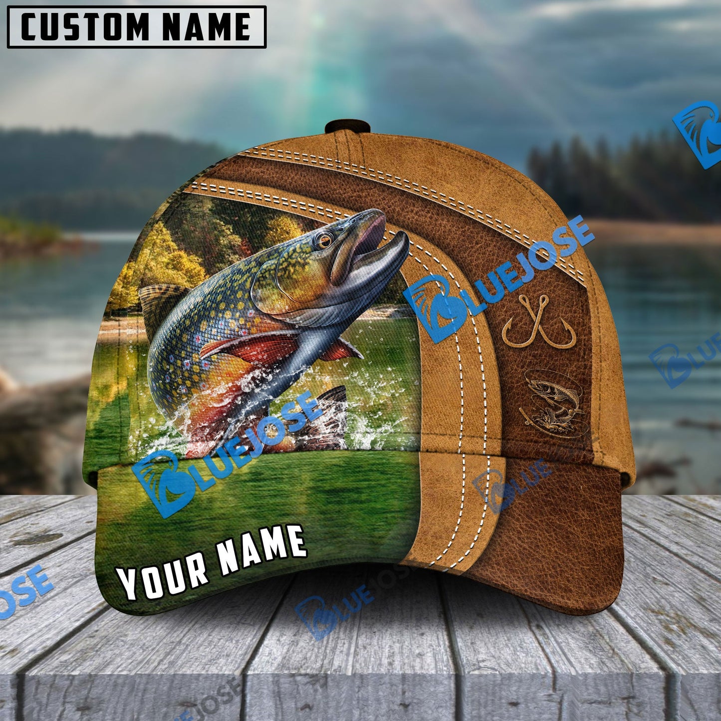 Frenzidea Personalized Trout Fishing Leather Pattern Classic Cap