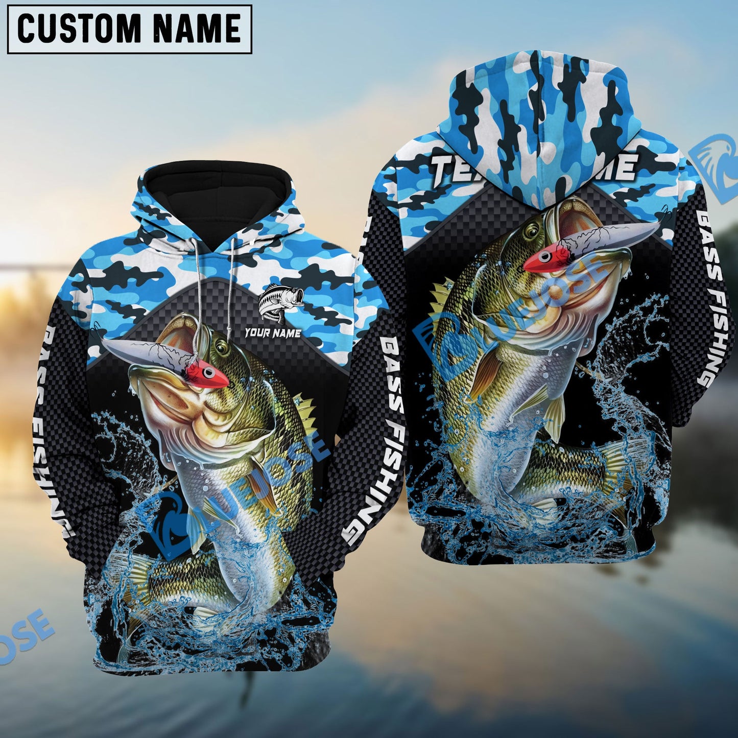 frenzidea Bass Fishing Blue Camo Sport Custom Name & Team Name 3D Shirts